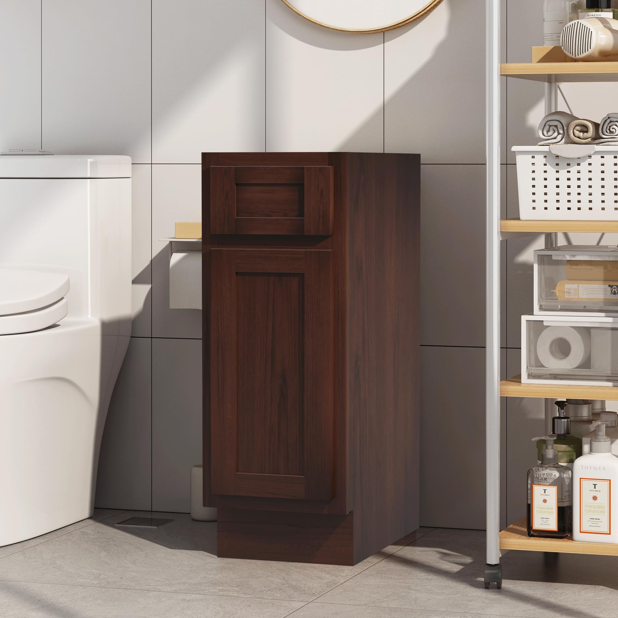 Vanity Art 12 Inch Small Bathroom Vanity Cabinet with Soft Closing Drawer & Door - Right Offset Shaker Design, Floor Mount Storage Organizer (VA4012-1B) - Perfect for Compact Bathrooms, Powder Rooms & Space-Saving Solutions