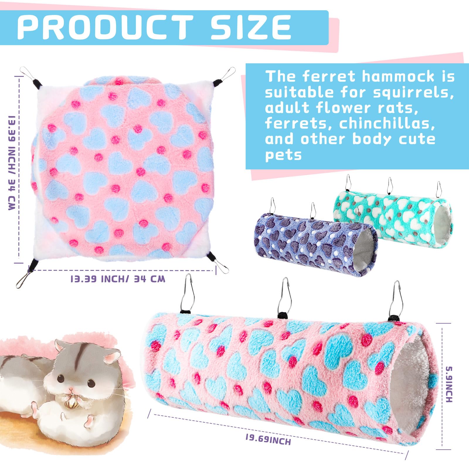 Sweetude 6-Piece Rat Hammocks Set - Ferret Hanging Tunnel & Sugar Glider Toy - Small Animal Hideout Bed for Cage - Guinea Pig & Hamster Accessories - Cozy Pet Bed for Rats, Ferrets, Guinea Pigs (Lovely Design) - Perfect for Small Animal Playtime & Cage Enrichment