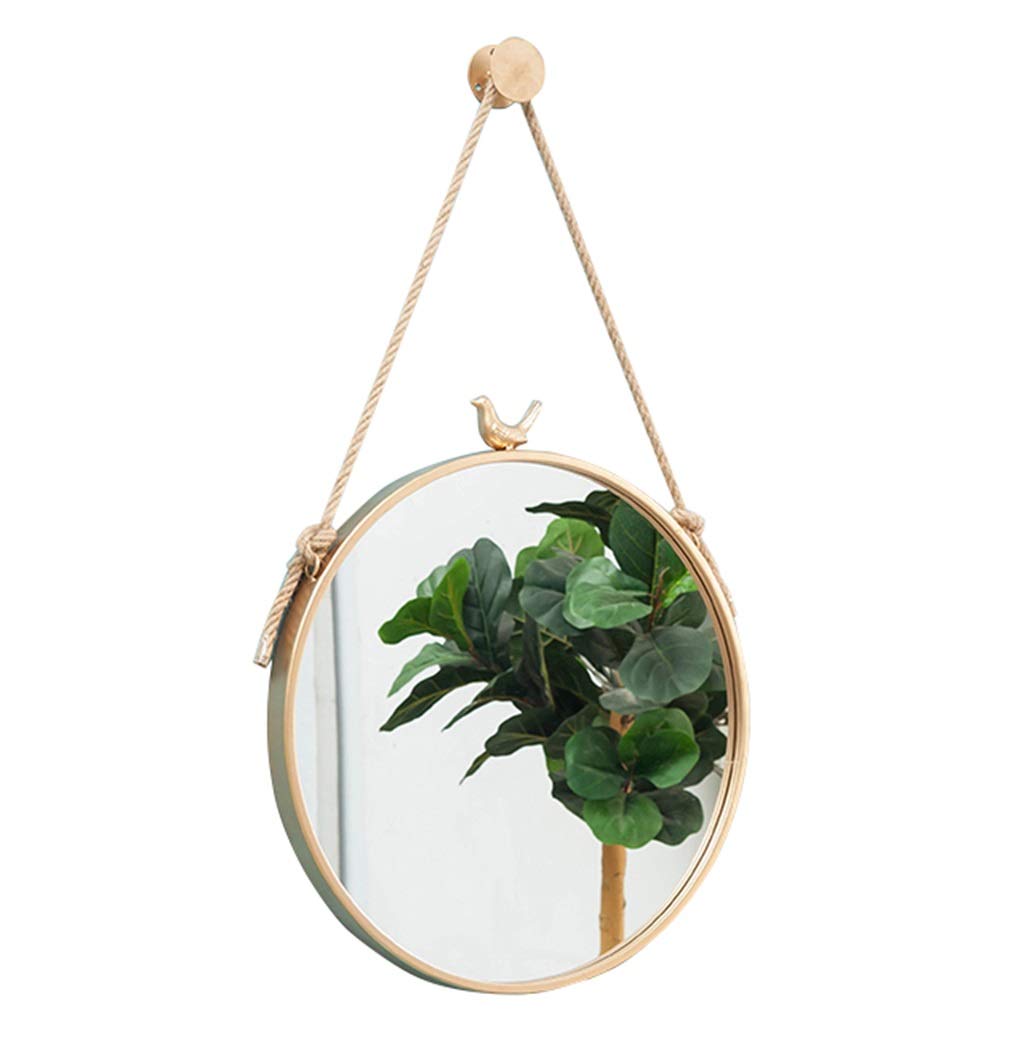 Small Round Bathroom Hanging Wall Mirror with Bird Decoration & Hemp Rope - Gold Frame Vanity Mirror for Makeup (11.8