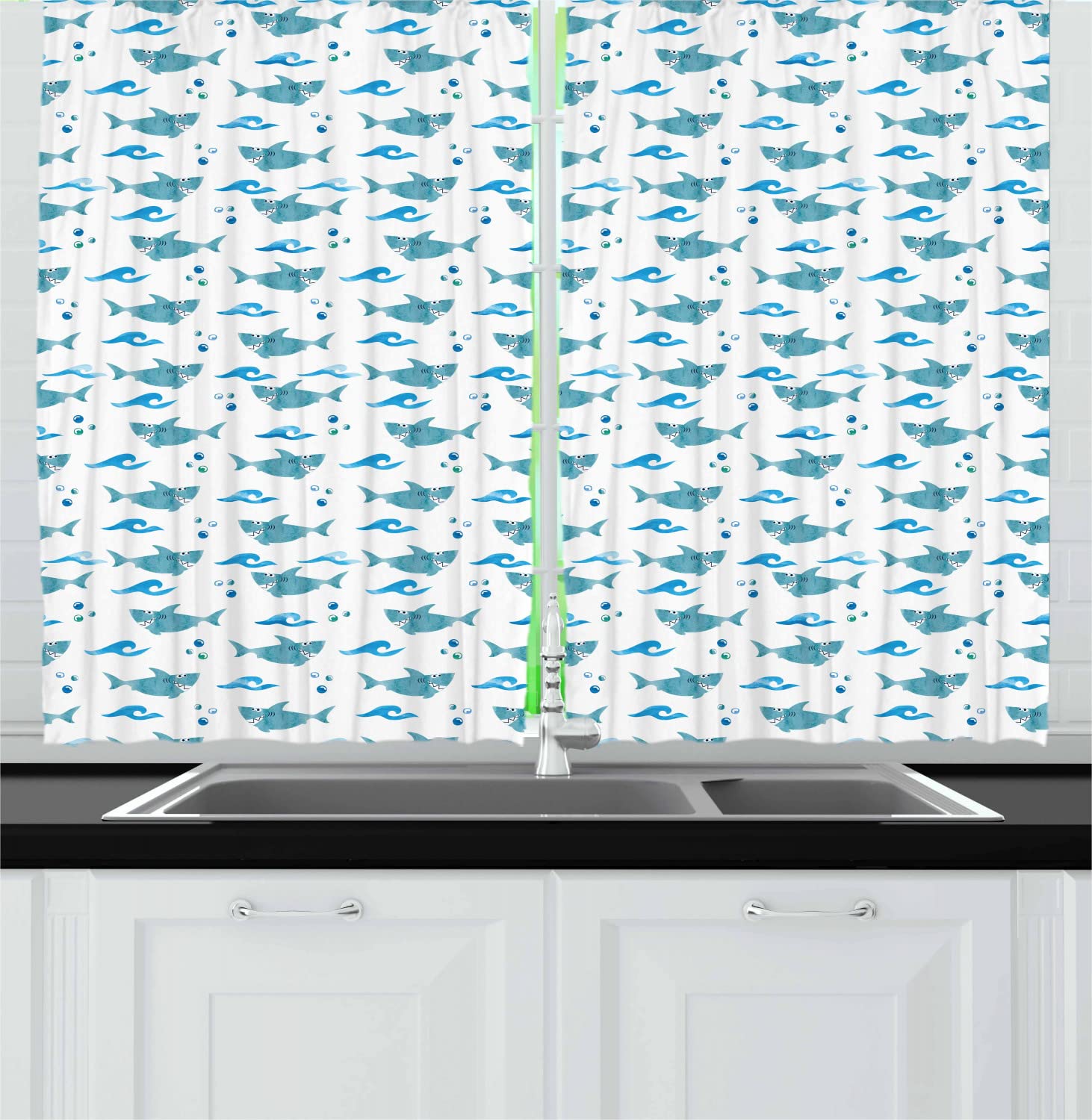 Ambesonne Shark Print Kitchen Curtains - Watercolor Animal Design with Playful Expressions, Bubbles & Ocean Waves - 2 Panel Rod Pocket Drapes for Coastal Decor - 55