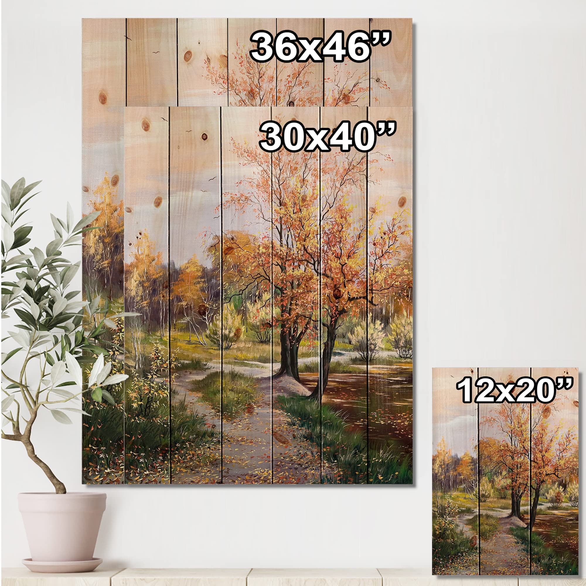 DesignQ Orange Woods River Country Wood Wall Decor - Large Yellow Landscape Wood Wall Art Panel Printed on Natural Pine - Perfect for Living Room, Bedroom & Office Decor