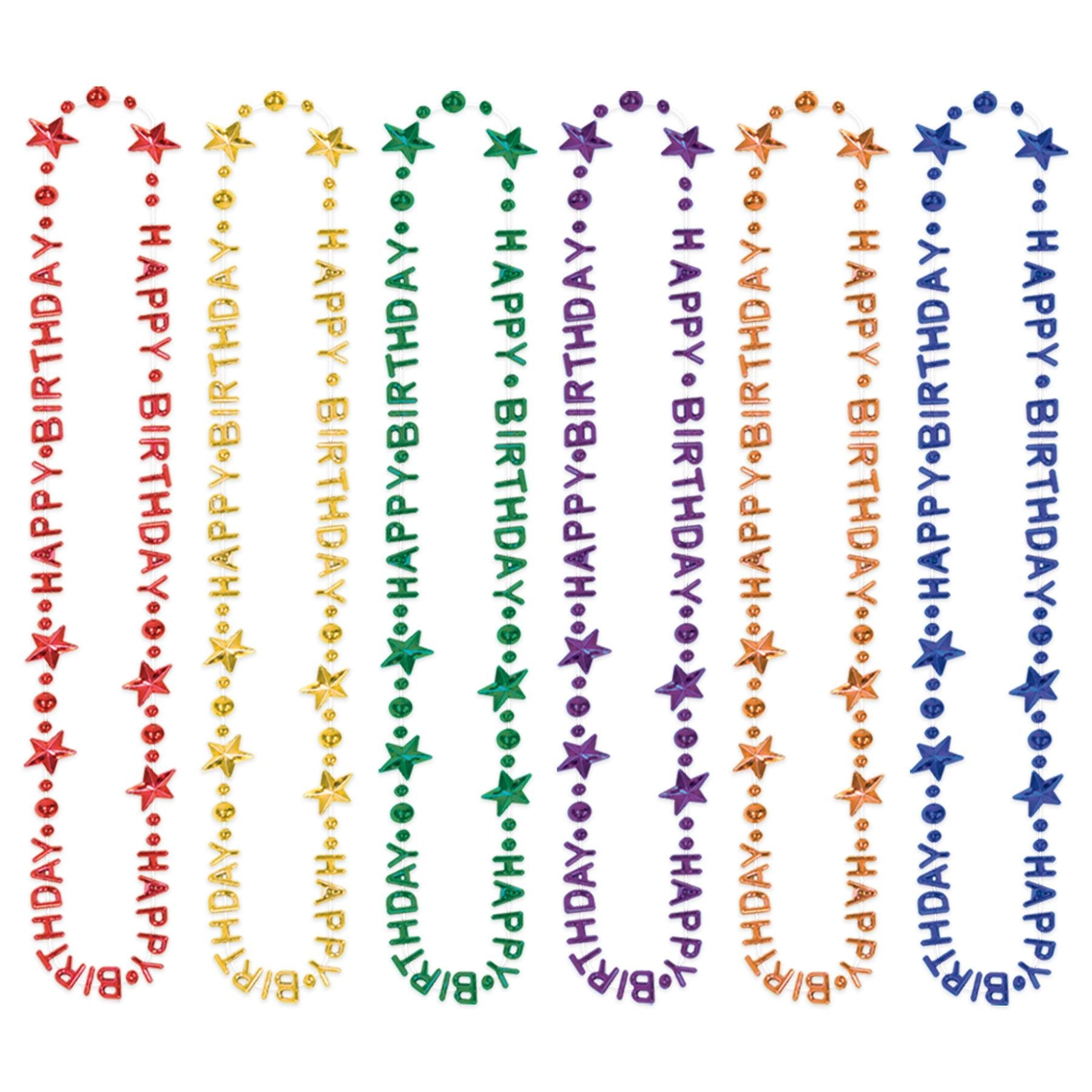 12 Pack Happy Birthday Bead Necklaces for Party Favors - Colorful Mardi Gras Style Party Supplies for Birthday Celebrations, Carnivals & Festive Events