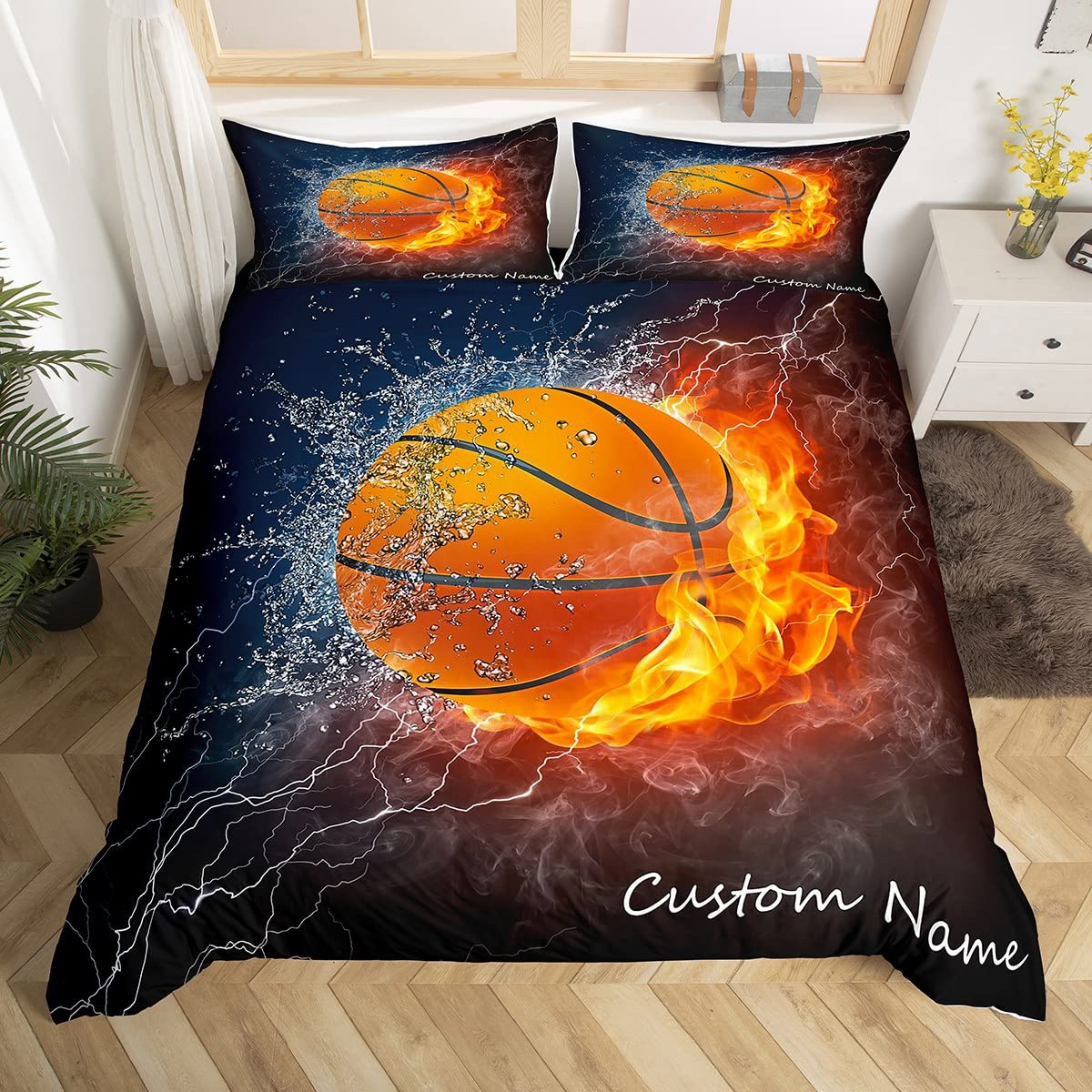 Custom Name Basketball Duvet Cover Twin Size - Sports Bedding Set for Boys & Youth - Personalized Basketball Comforter Cover with 1 Pillowcase - Ice & Fire Red Frame Design - Perfect for Kids' Rooms, Dorm Decor, and Sports-Themed Bedrooms