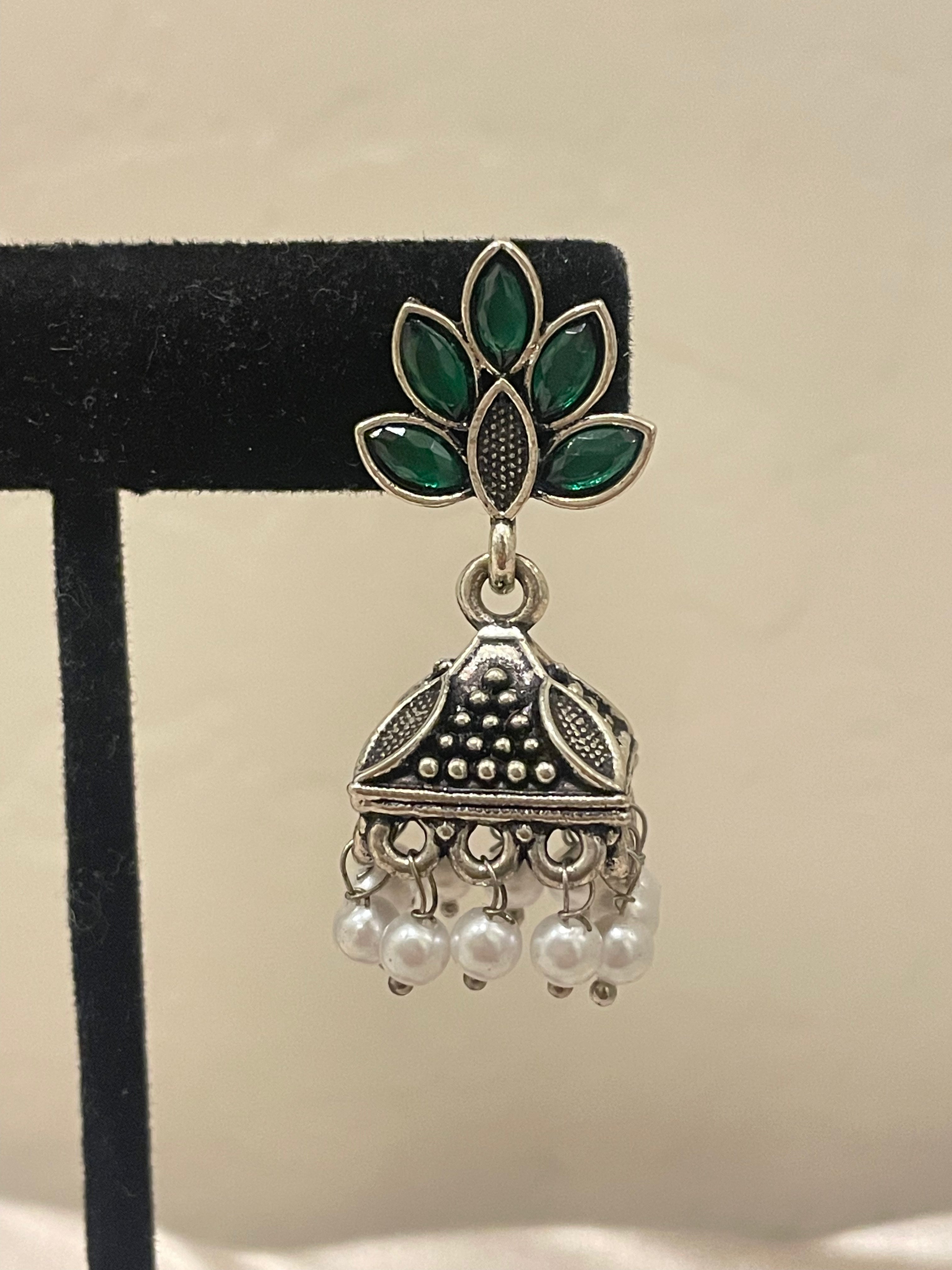 Oxidized Green Stone Earrings for Women - Handmade Boho Dangle Jewelry - Perfect for Parties, Weddings & Everyday Wear