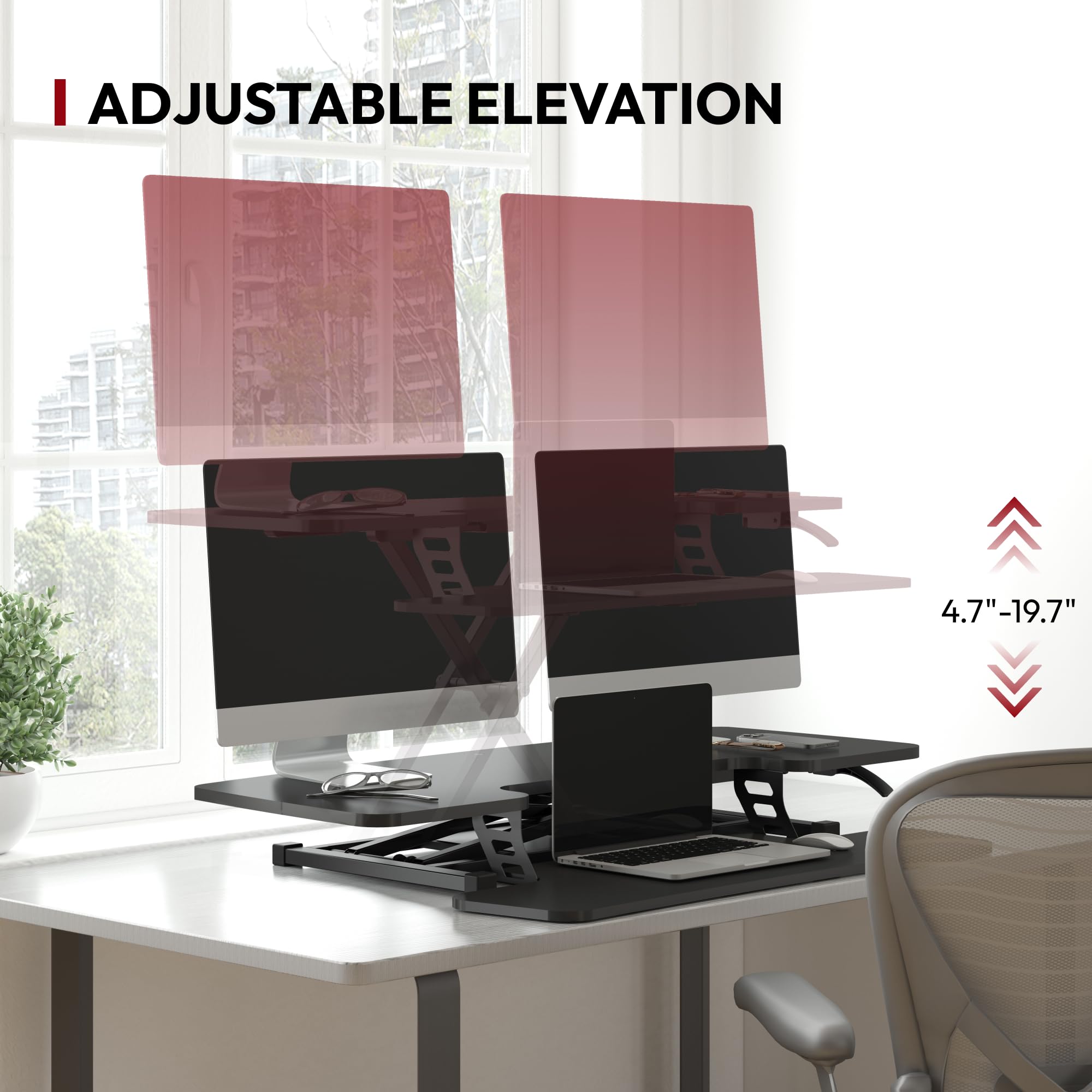 SANODESK 40 Inch Height Adjustable Standing Desk Converter - Quick Sit to Stand Desktop Riser with Large Keyboard Tray, Dual Monitor & Laptop Workstation (Black) - Perfect for Home Office, Gaming & Ergonomic Workspace Setup