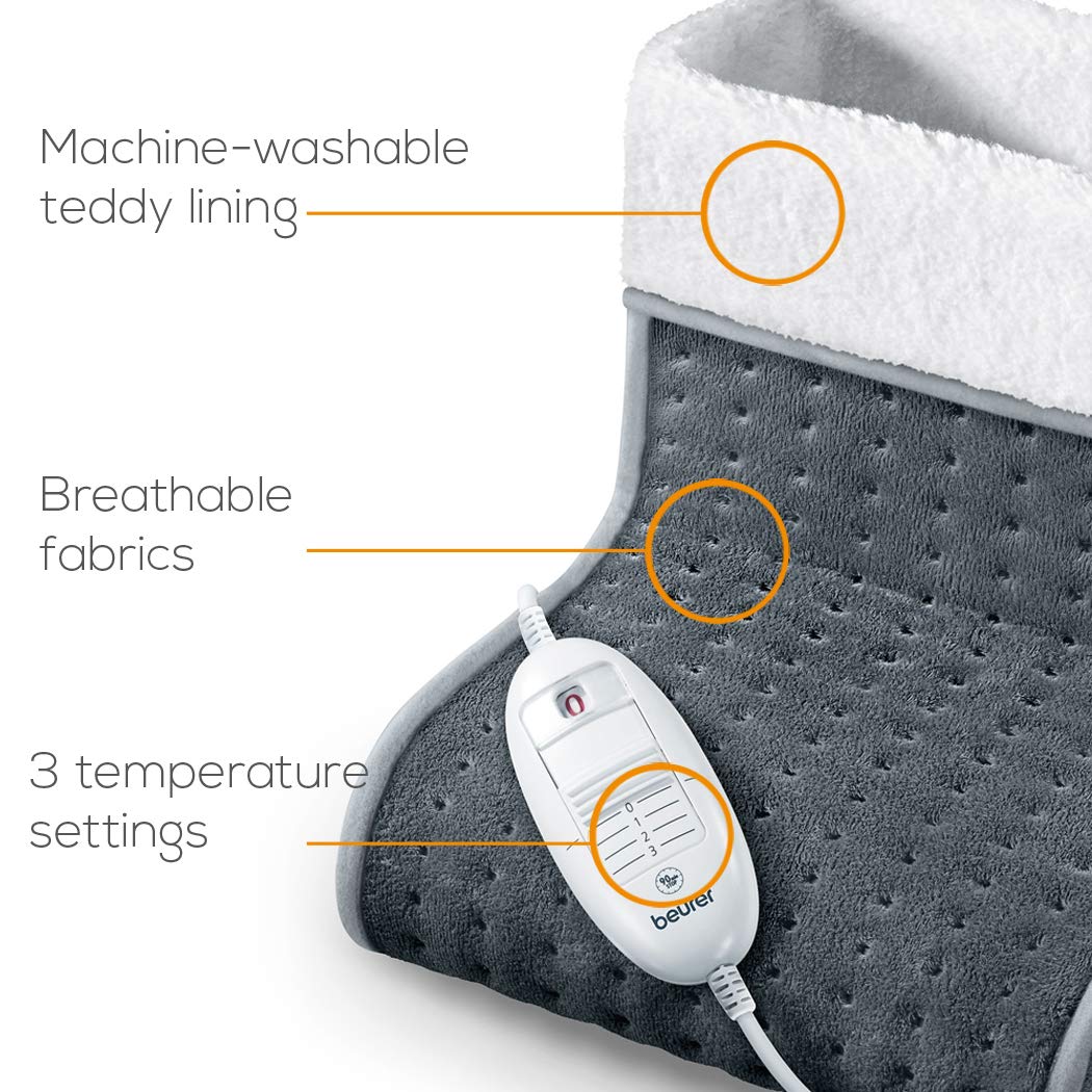 Beurer FW20UK Electric Foot Warmer for Cold Feet - Grey, 3 Heat Settings, Soft Teddy Fleece Lining, Breathable & Washable, Fits Up to Shoe Size 12.5 | Perfect for Winter Nights, Office Use & Home Comfort