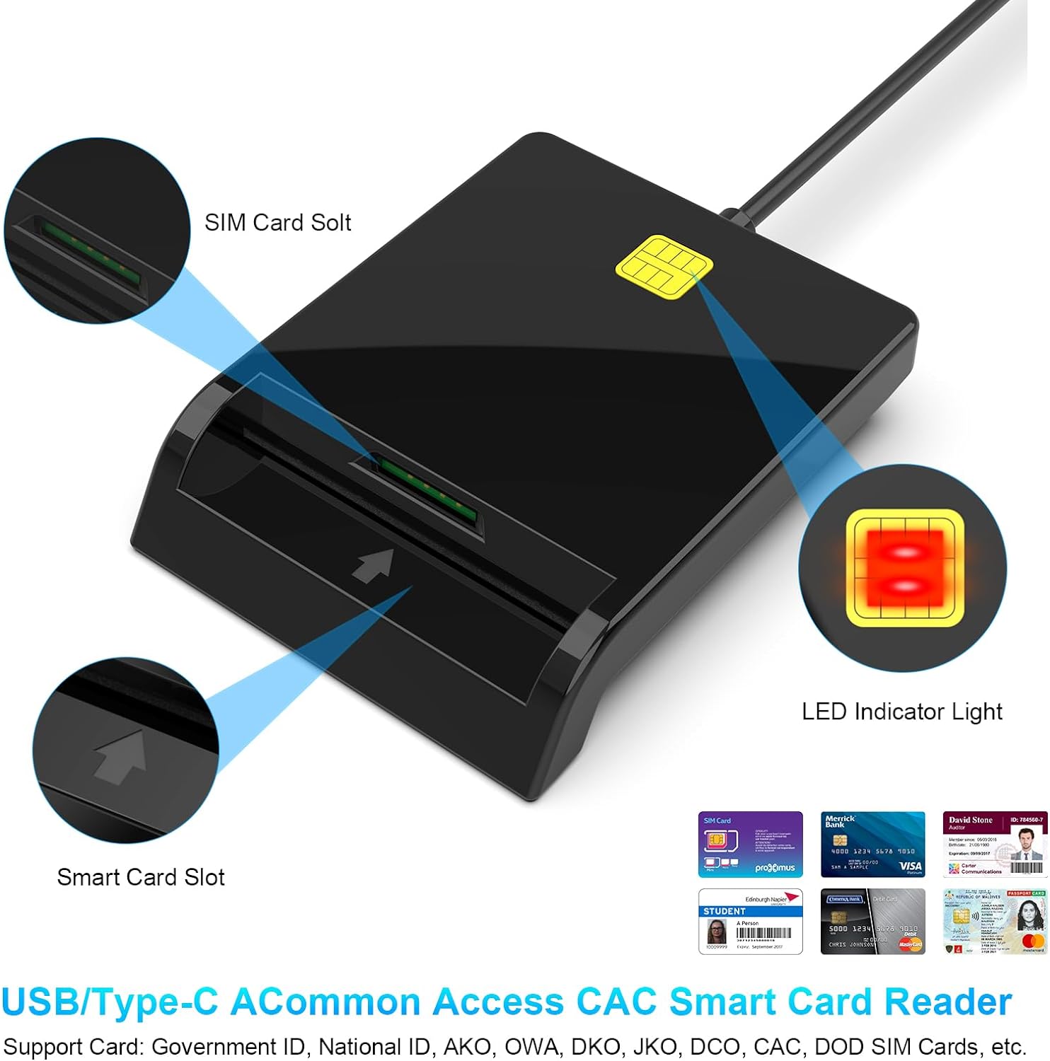 Military CAC Card Reader - USB & USB C Smart Card Reader for DOD Common Access, ID, Debit & Credit Cards - Compatible with Windows, Mac OS, Linux & Android - Perfect for Secure Military Logins & Financial Transactions