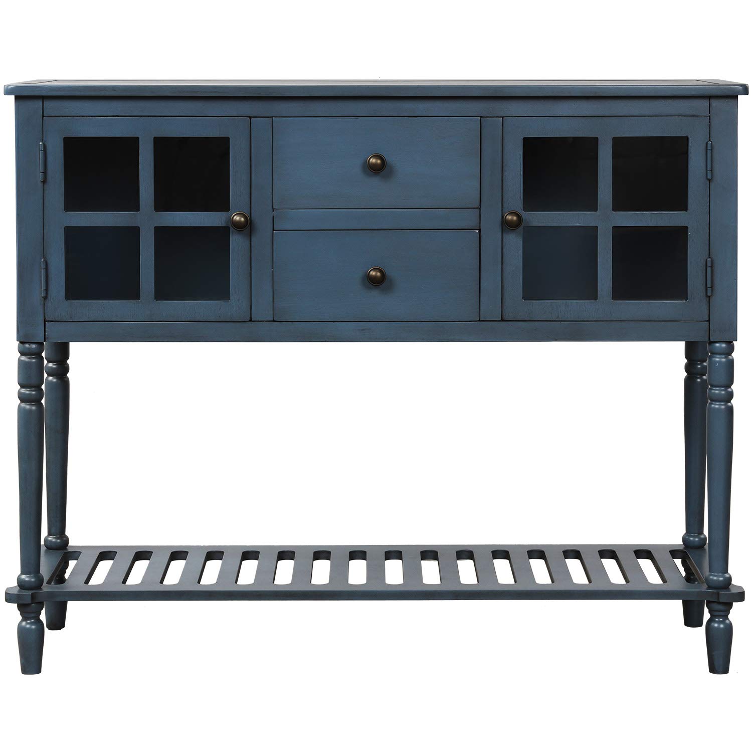TREXM Farmhouse Sideboard Console Table with Bottom Shelf - Wood and Glass Buffet Storage Cabinet for Living Room, Dining Room, Entryway (Antique Navy) - Perfect for Home Decor, Storage & Display