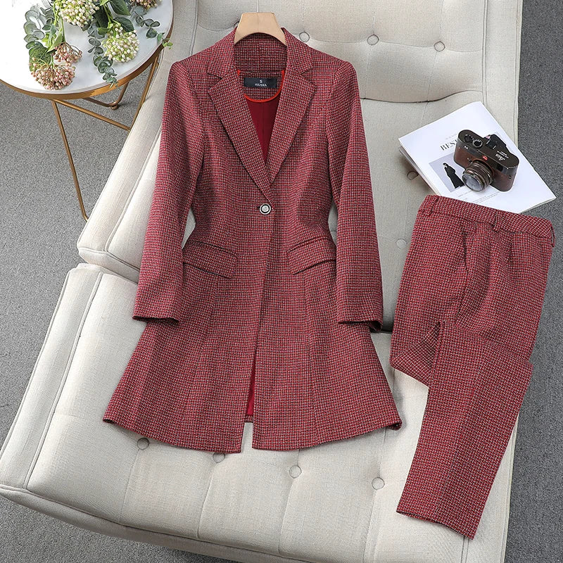 Women's Autumn Winter Formal Office Business Suit Set - Slim Fit Plaid Blazer & High Waist Ankle Pants | Professional Work Attire for Business Meetings & Corporate Events