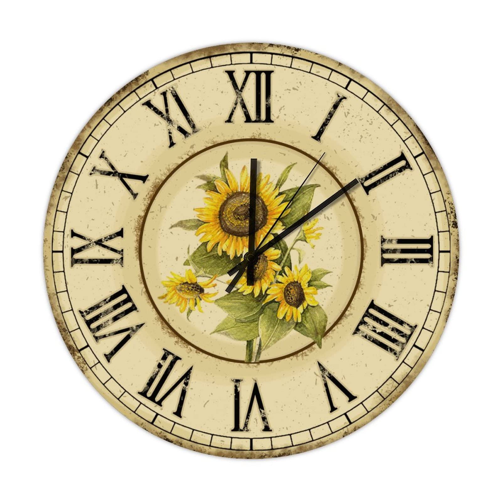 15 Inch Farmhouse Round Wood Wall Clock with Sunflower Floral Design - Silent Non-Ticking Battery Operated Roman Numerals Clock for Home, Office, Classroom, School, Club & Bar Decor | Perfect Rustic Wall Art for Living Room, Kitchen & Bedroom