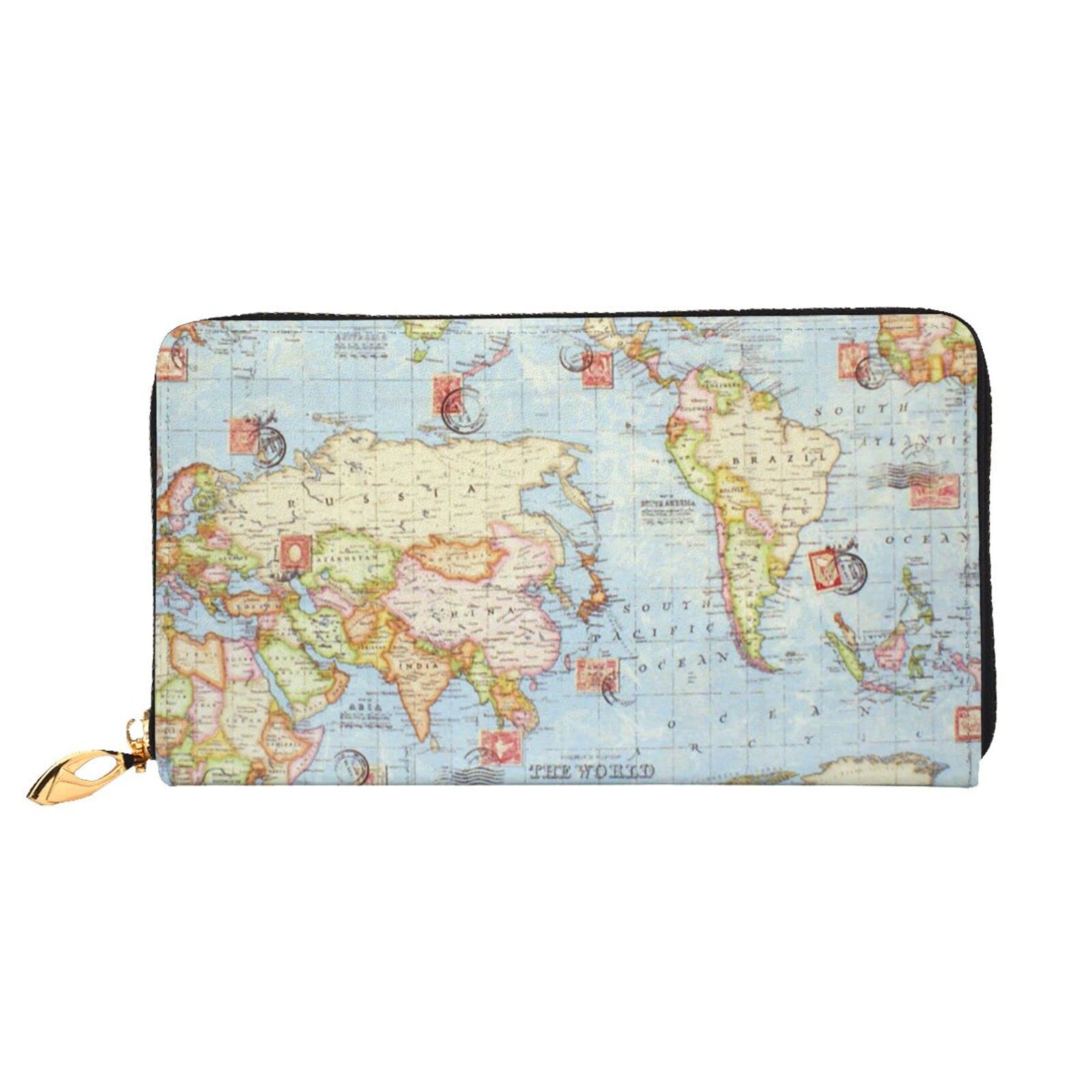 HOMETER Women's Leather Wallet with World Map Design - RFID Blocking Credit Card Holder, Coin Purse & Zipper Pocket - Perfect for Travel, Daily Use & Gift Giving
