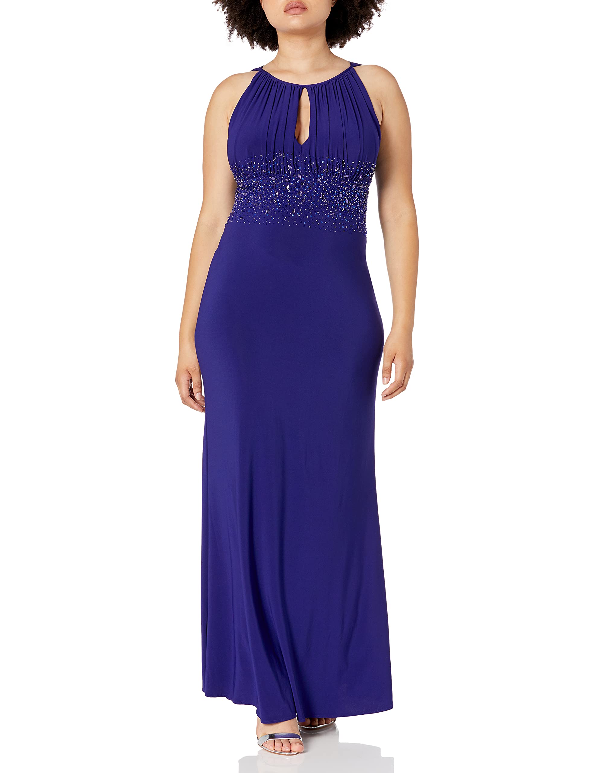 JS Boutique Women's Elegant Long Jersey Gown with Scattered Bead Embellishments at Waist - Perfect for Evening Parties, Weddings & Special Occasions