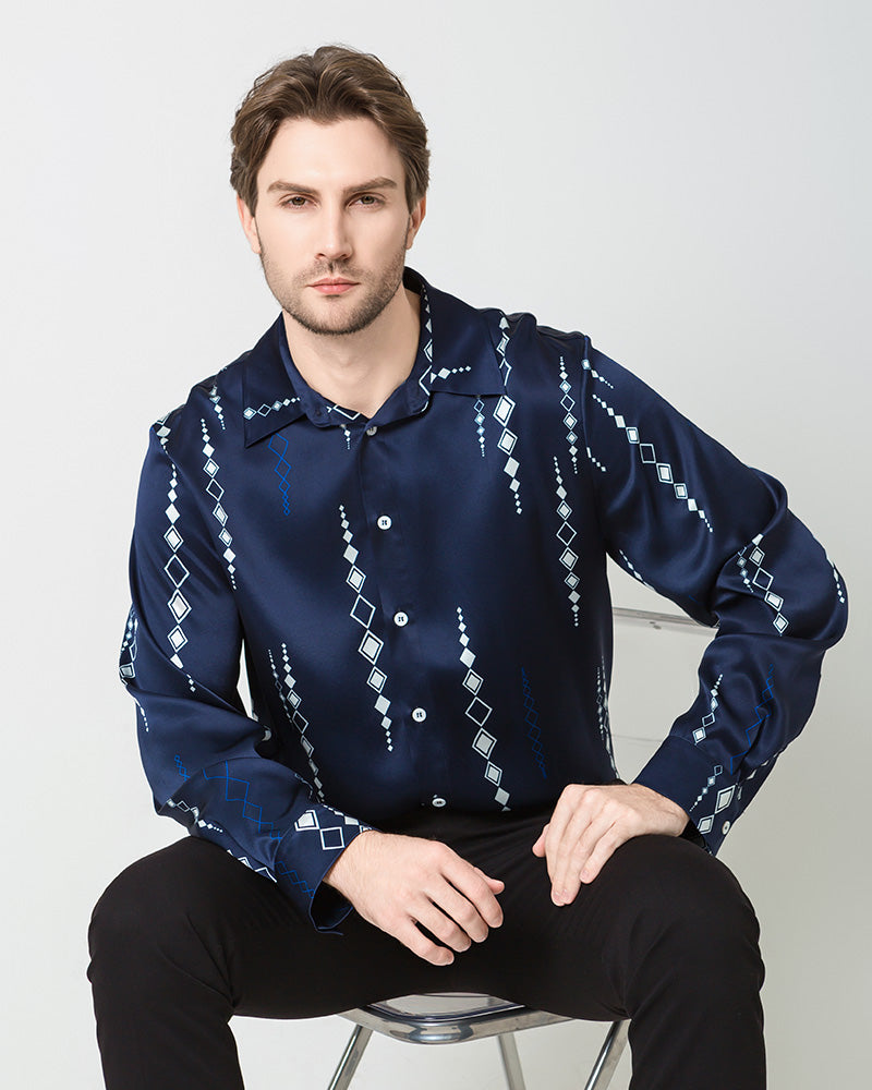Premium Men's Navy Blue Silk Shirt with Elegant Print - Breathable & Comfortable Formal Wear for Business Meetings, Weddings & Special Occasions