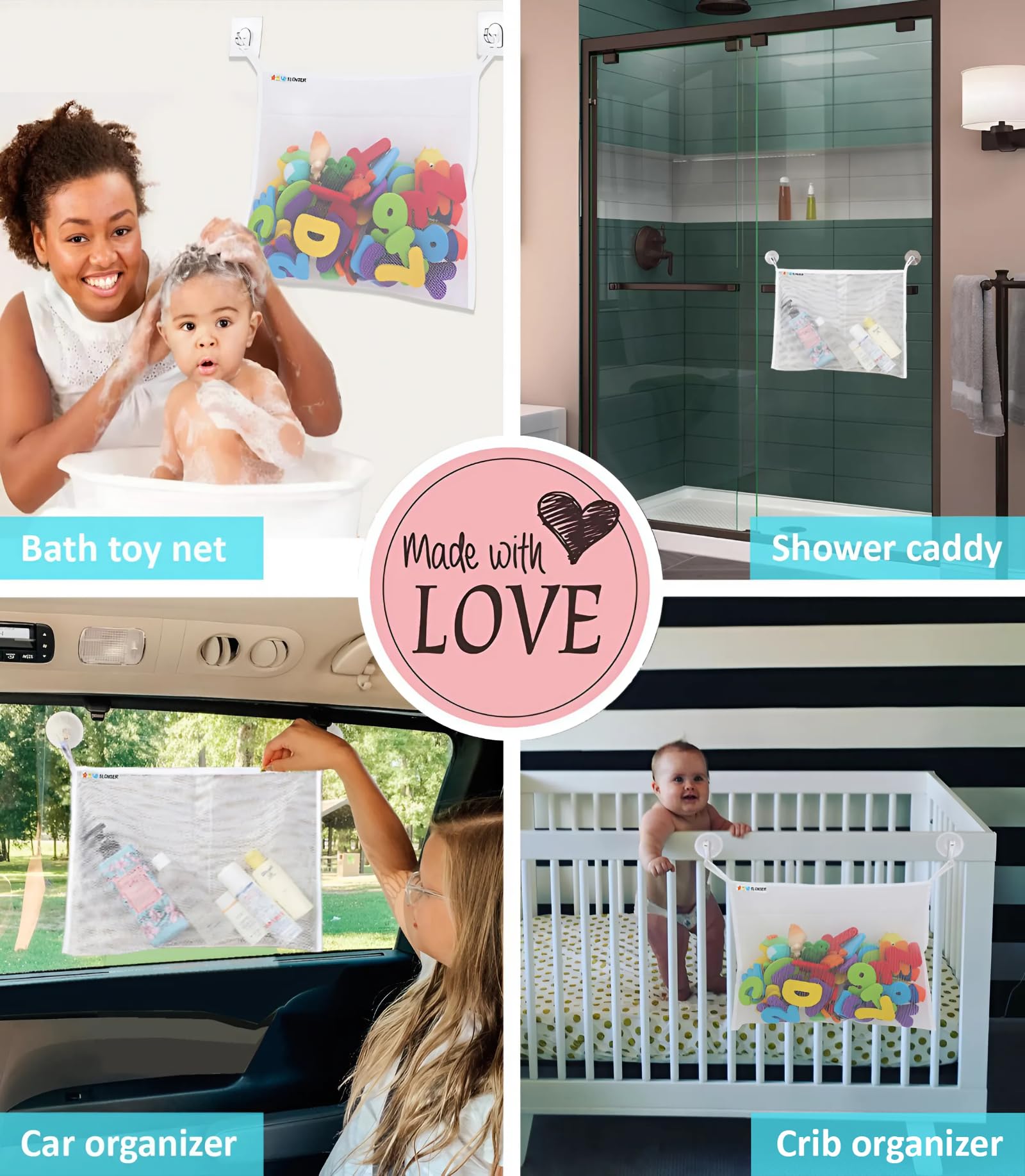 **18x16 Inch Kids Bath Toy Net - Large Mesh Storage Organizer with 2 Suction Cups & 2 Adhesive Hooks for Baby Bathtub, Toddler Shower Caddy, Hanging Basket - Perfect for Bathroom Toy Storage & Organization**