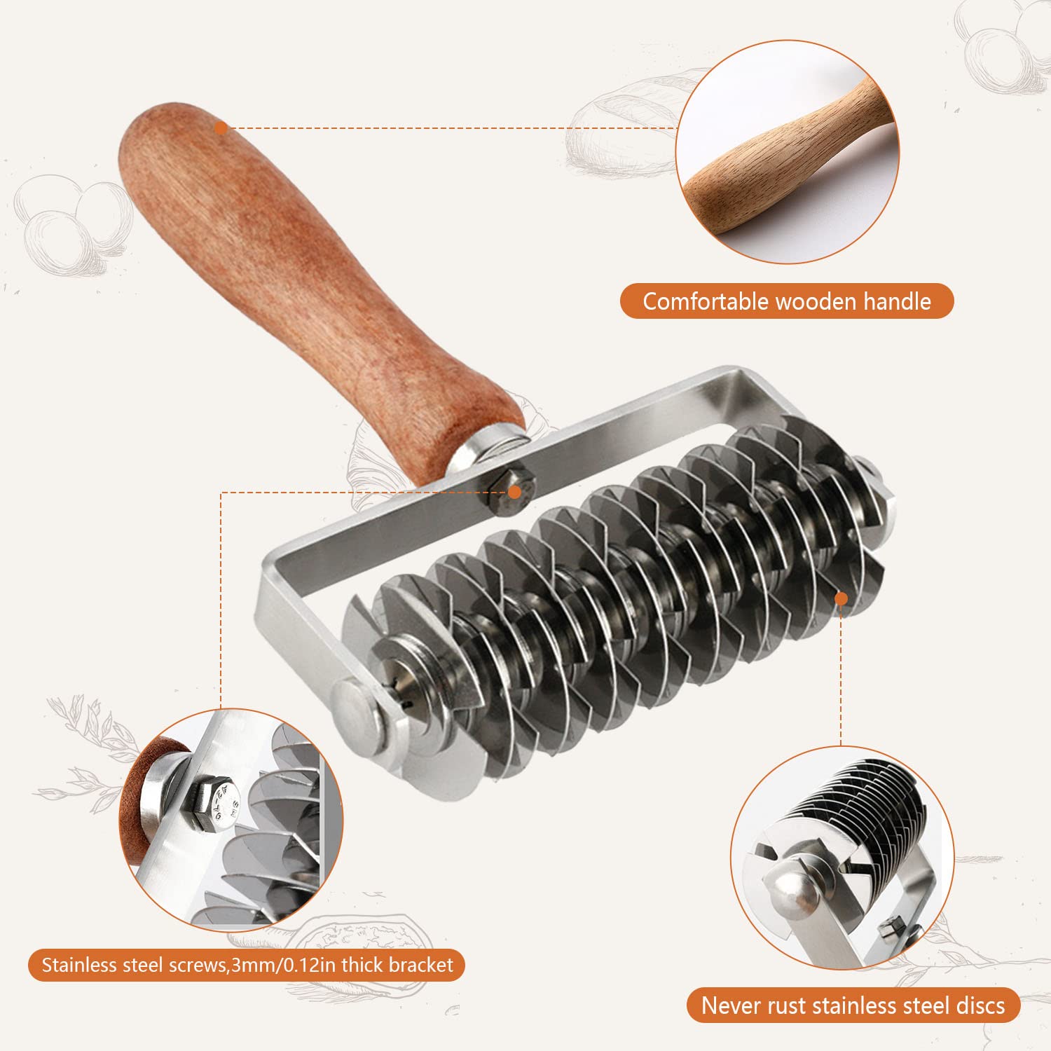 Stainless Steel Dough Cutter with Wooden Handle - Lattice Top Roller for Cookie, Pie, Pizza & Bread Crust | Perfect for Baking, Pastry Making & Fishnet Crust Designs | Ideal for Home Bakers & Professional Chefs