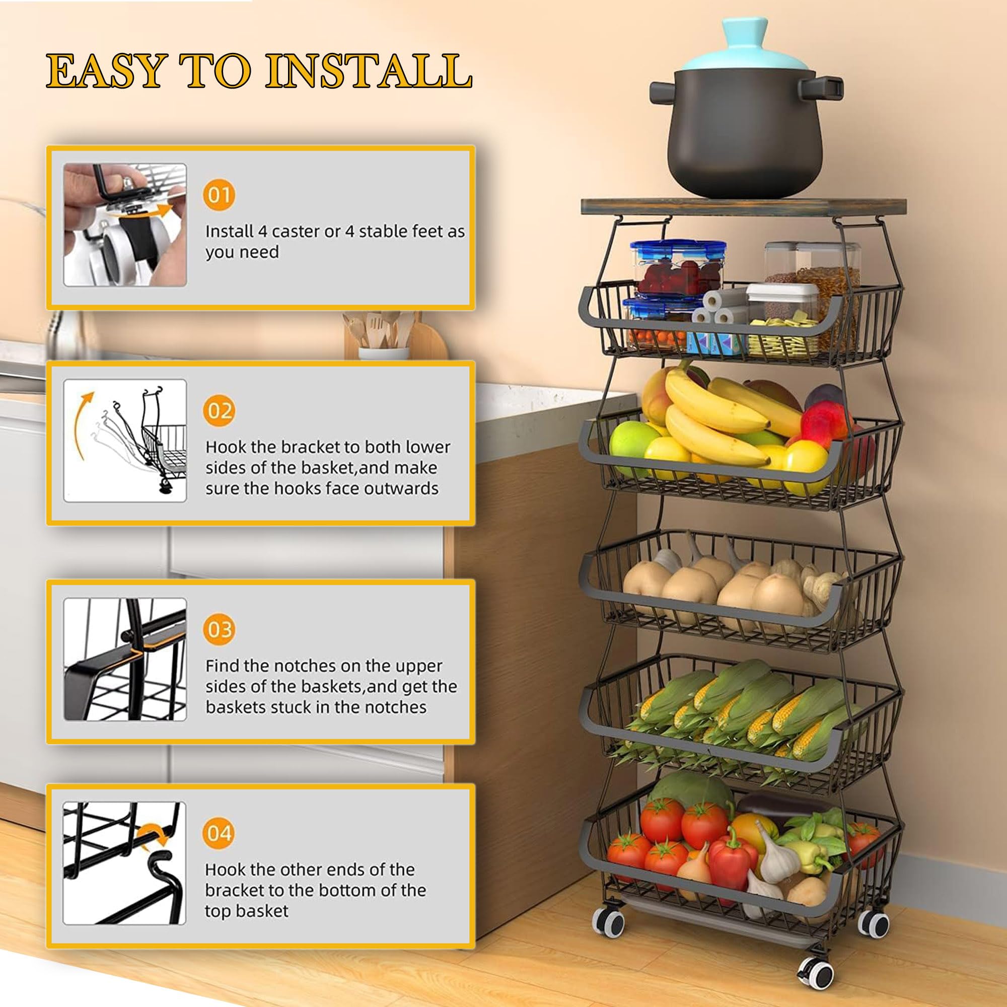 BEEY 6-Tier Kitchen Storage Cart with Rolling Wheels & Wood Tabletop - Stackable Fruit & Vegetable Basket Organizer for Pantry, Bathroom, Garage - Perfect for Home, Office, and Commercial Use
