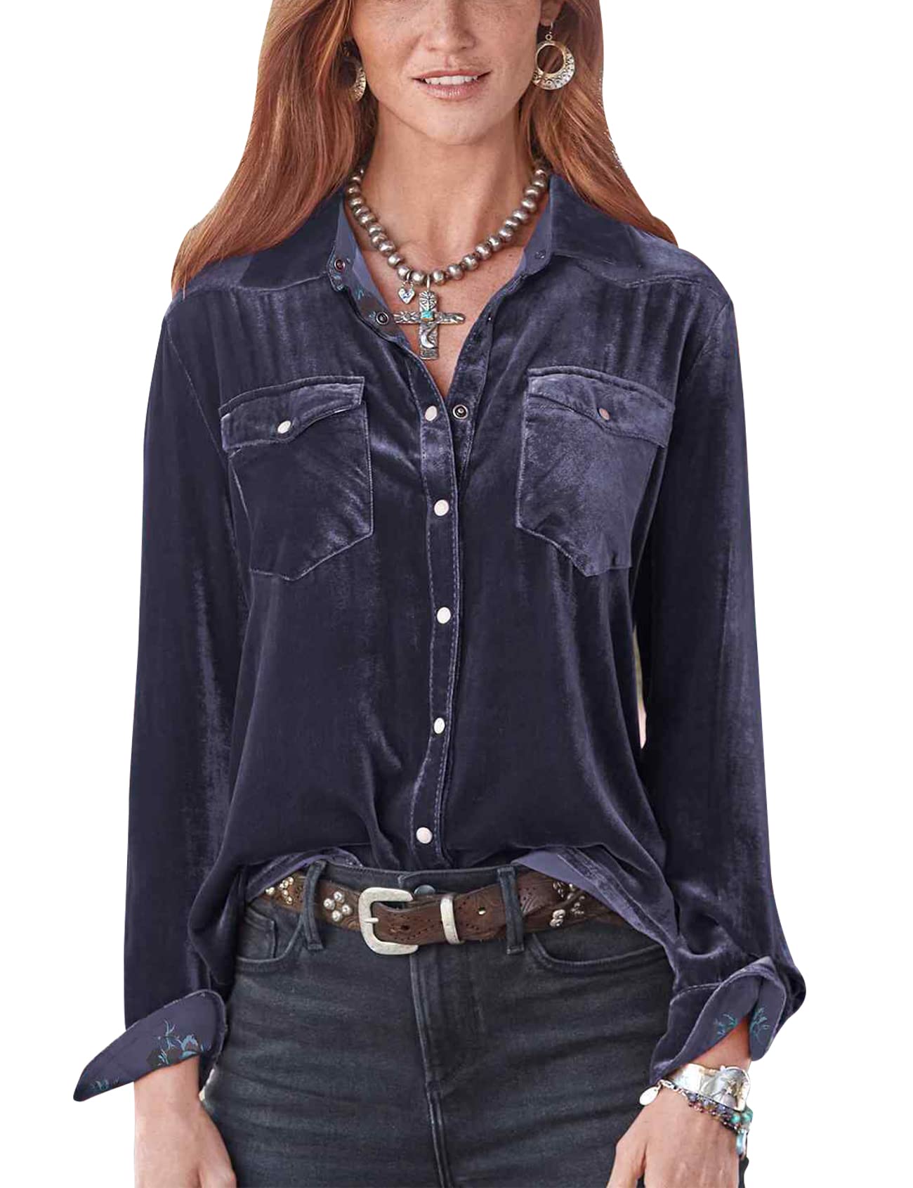 Arssm Women's Velvet Button Down Shirt - Lapel Boyfriend Style Casual Top with Pockets | Perfect for Office, Date Night & Fall Layering