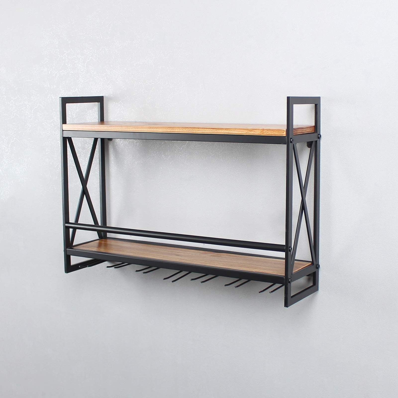 MBQQ Rustic Wall Mounted Wine Rack with 7 Stem Glass Holder - 30 Inch Industrial Metal Hanging Wine Shelf, 2-Tier Wood Floating Shelves for Kitchen, Living Room & Home Decor | Perfect for Wine Storage & Display in Dining Rooms, Bars & Entertaining Spaces