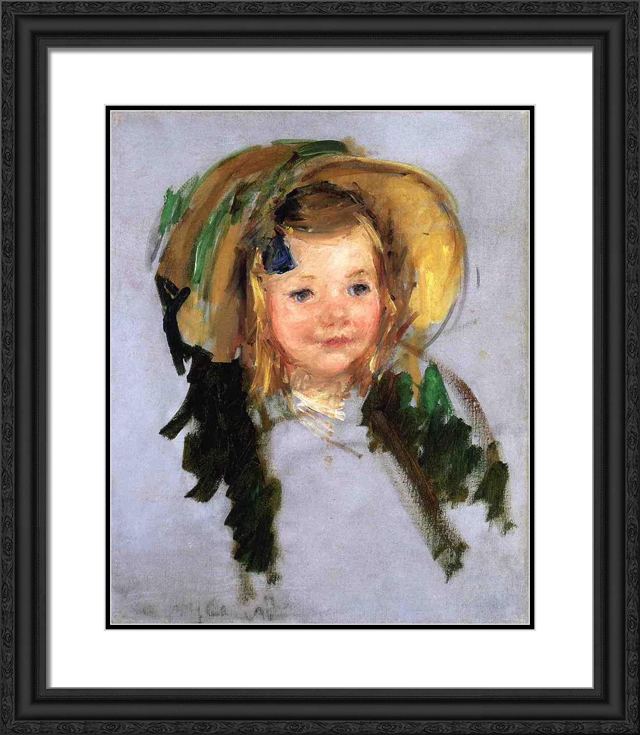 Mary Cassatt 'Sara in a Bonnet' 20x23 Black Ornate Framed Art Print with Double Matting - Classic Home Decor for Living Room, Bedroom & Office