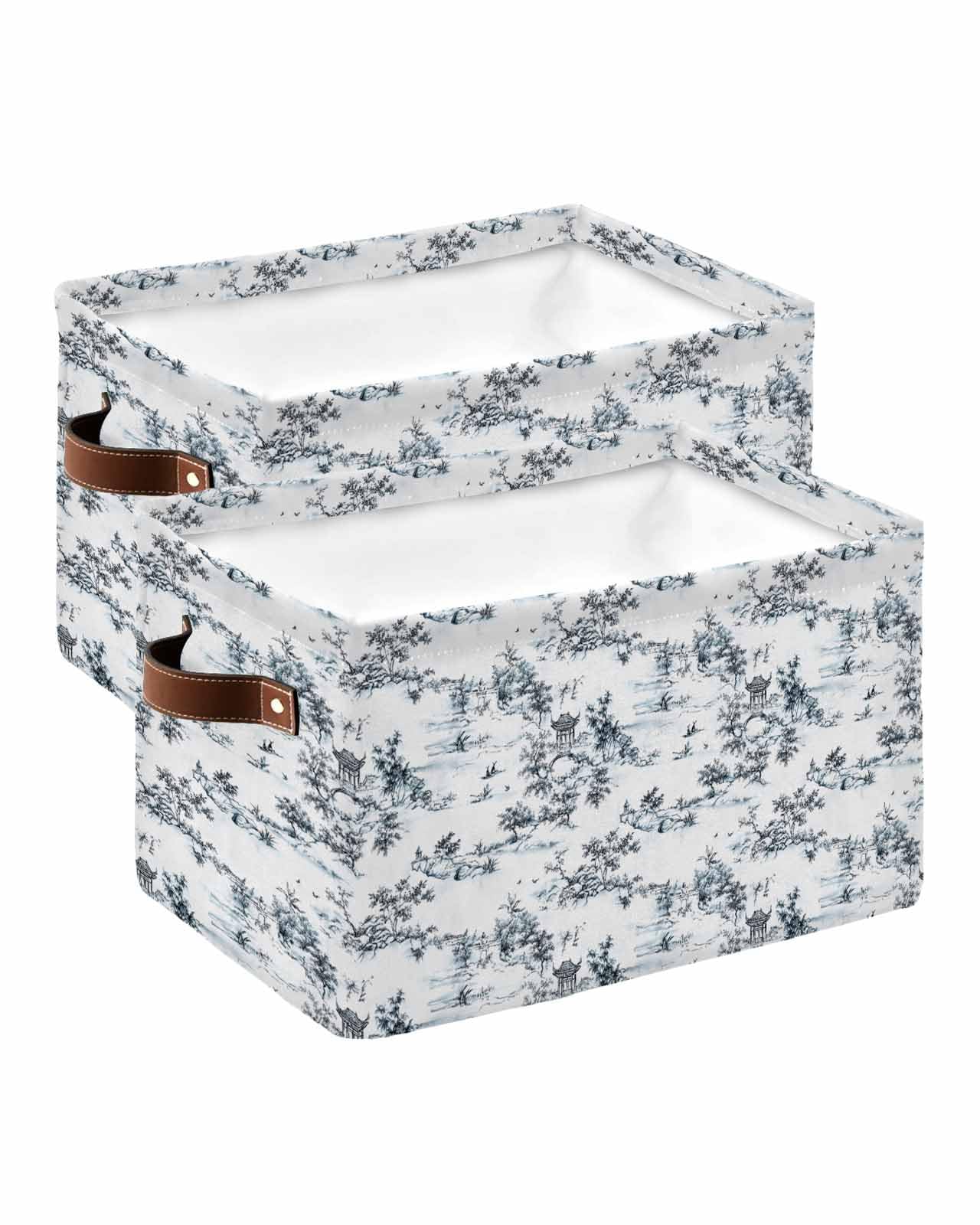 Large Collapsible Storage Bins with Handles - Watercolor Blue Botanical Design Vintage Art Storage Baskets & Cube Organizers for Shelves, Closet, Nursery, or Office (2-Pack) - Perfect for Home Organization & Decorative Storage Solutions