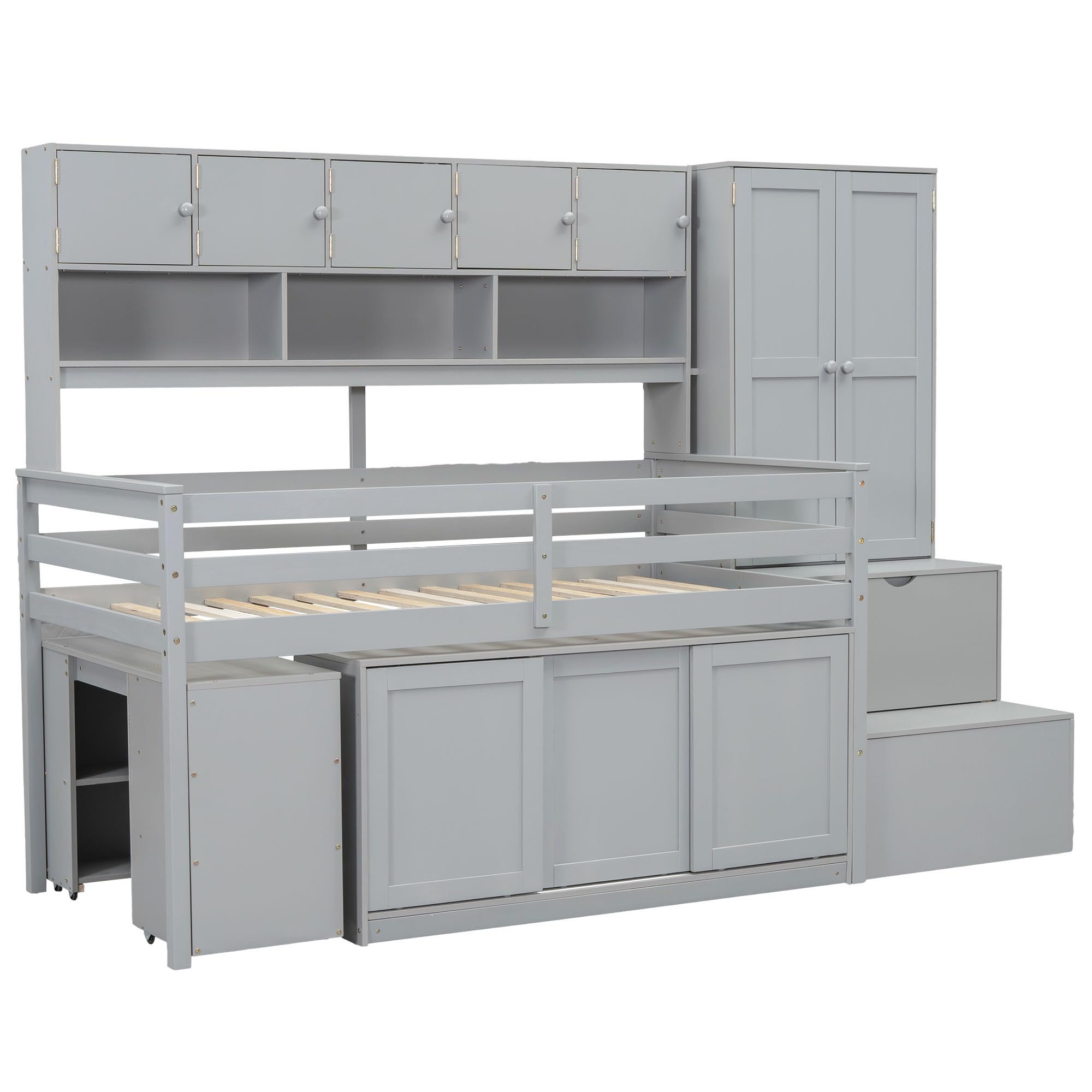 Harper & Bright Designs Kids Twin Low Loft Bed with Desk & Wardrobe - Wood Twin Loft Bed Frame with Storage Shelves & Cabinet - Perfect for Small Bedrooms, Kids & Teens Room - Space-Saving Gray Loft Bed for Study & Sleep