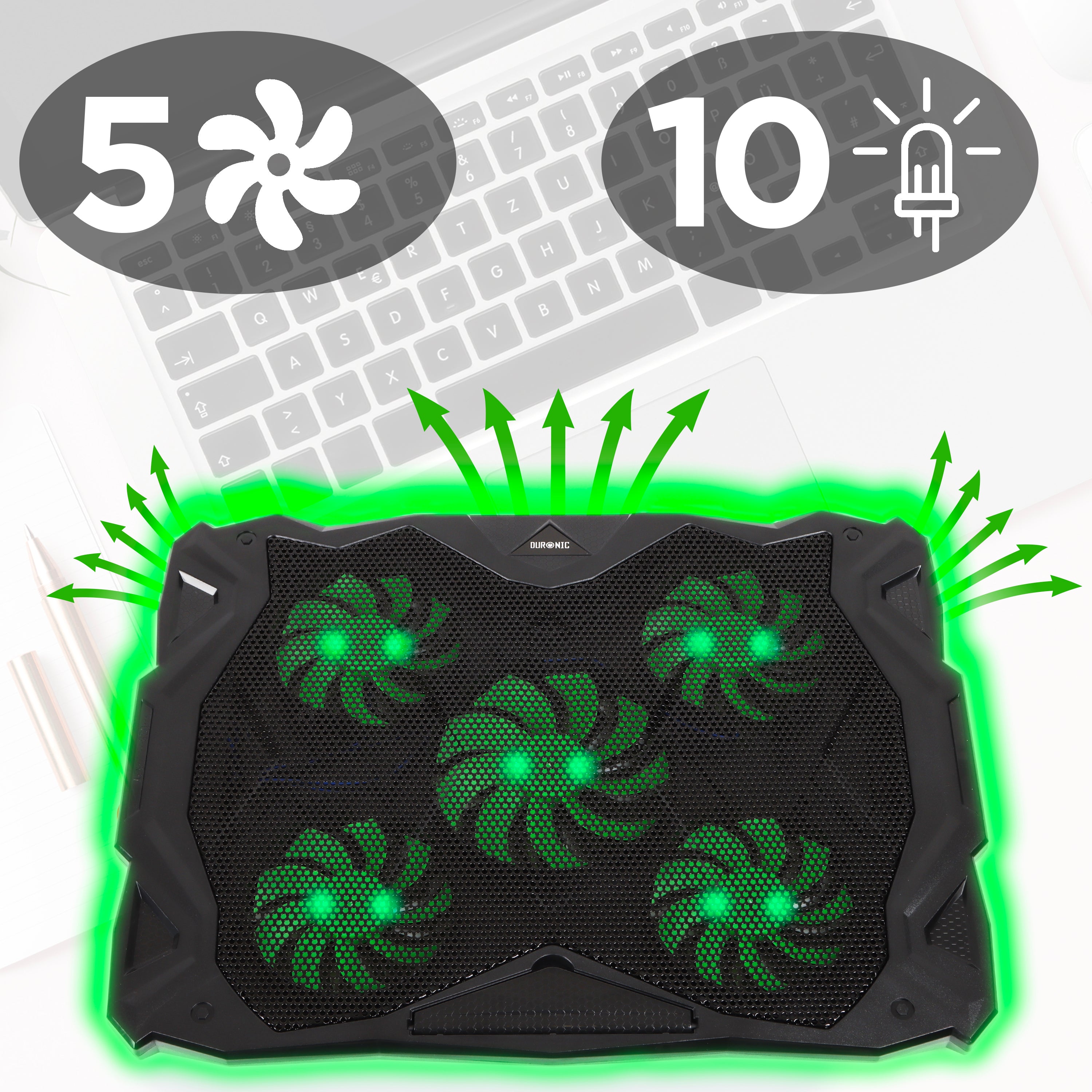 Duronic LC1 Laptop Cooling Pad with 5 Quiet Fans - Adjustable Height, LED Lights & Ergonomic Design for Gaming, Work & Study - Lightweight Cooling Stand for Office, Home & Dorm Use