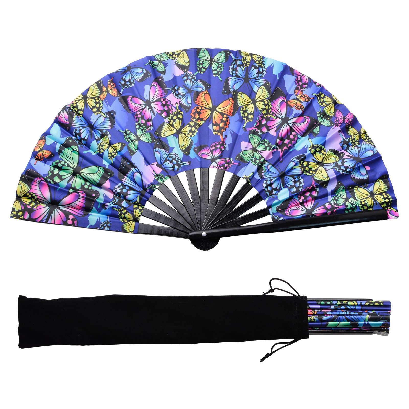 Foldable UV Glow Butterfly Hand Fan - Large Bamboo Clack Fan for Raves & Festivals | Glow in The Dark Dance Performance Accessories for Men & Women | Perfect for EDM Parties, Summer Festivals and Outdoor Events