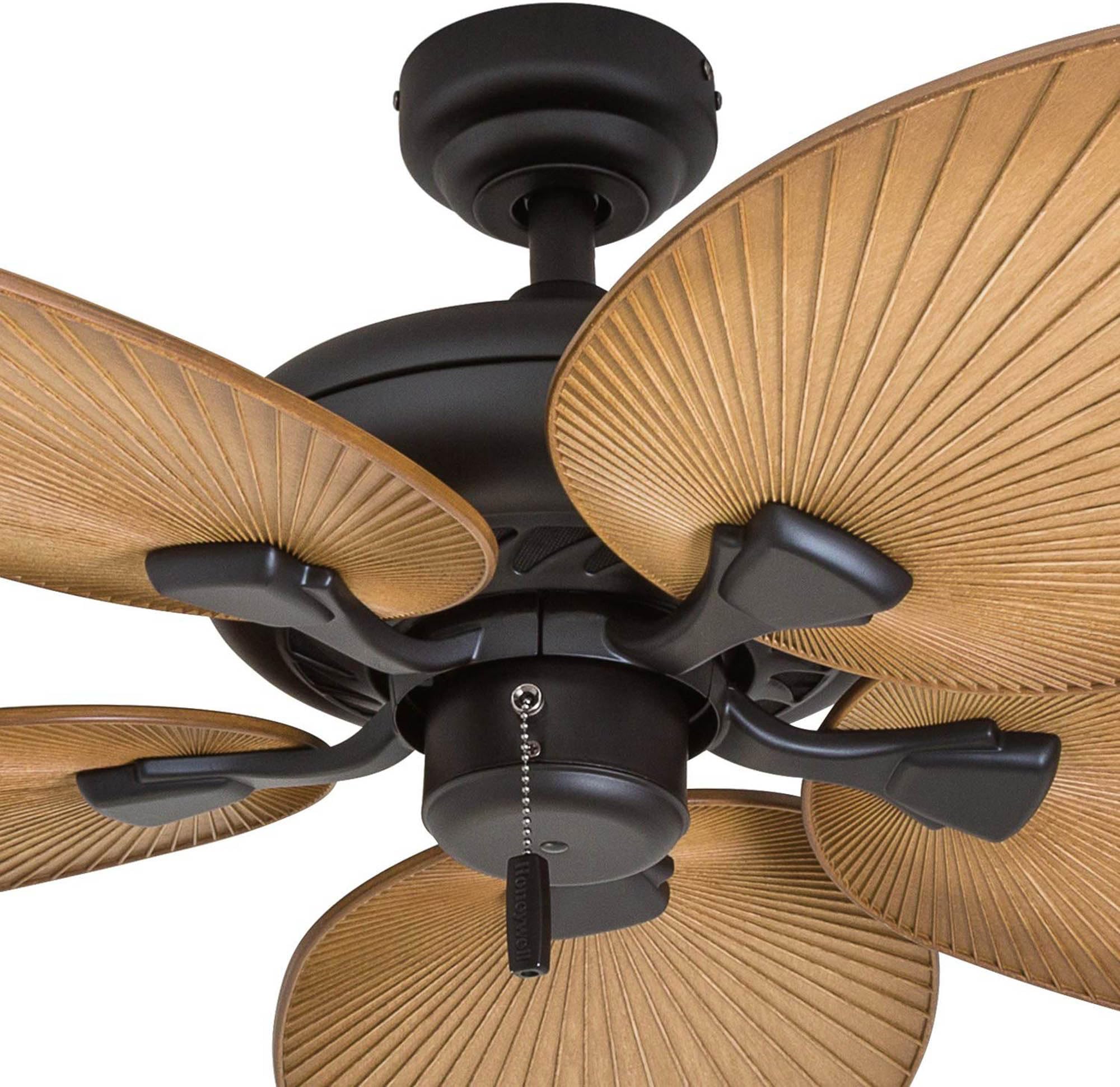 Honeywell 52 Inch Tropical Ceiling Fan for Indoor & Outdoor Use - No Light, Pull Chain, 3 Mounting Options, 5 Palm Leaf Blades, Damp-Rated (Model 50505-01, Bronze) - Perfect for Patio, Porch, Living Room & Bedroom Cooling