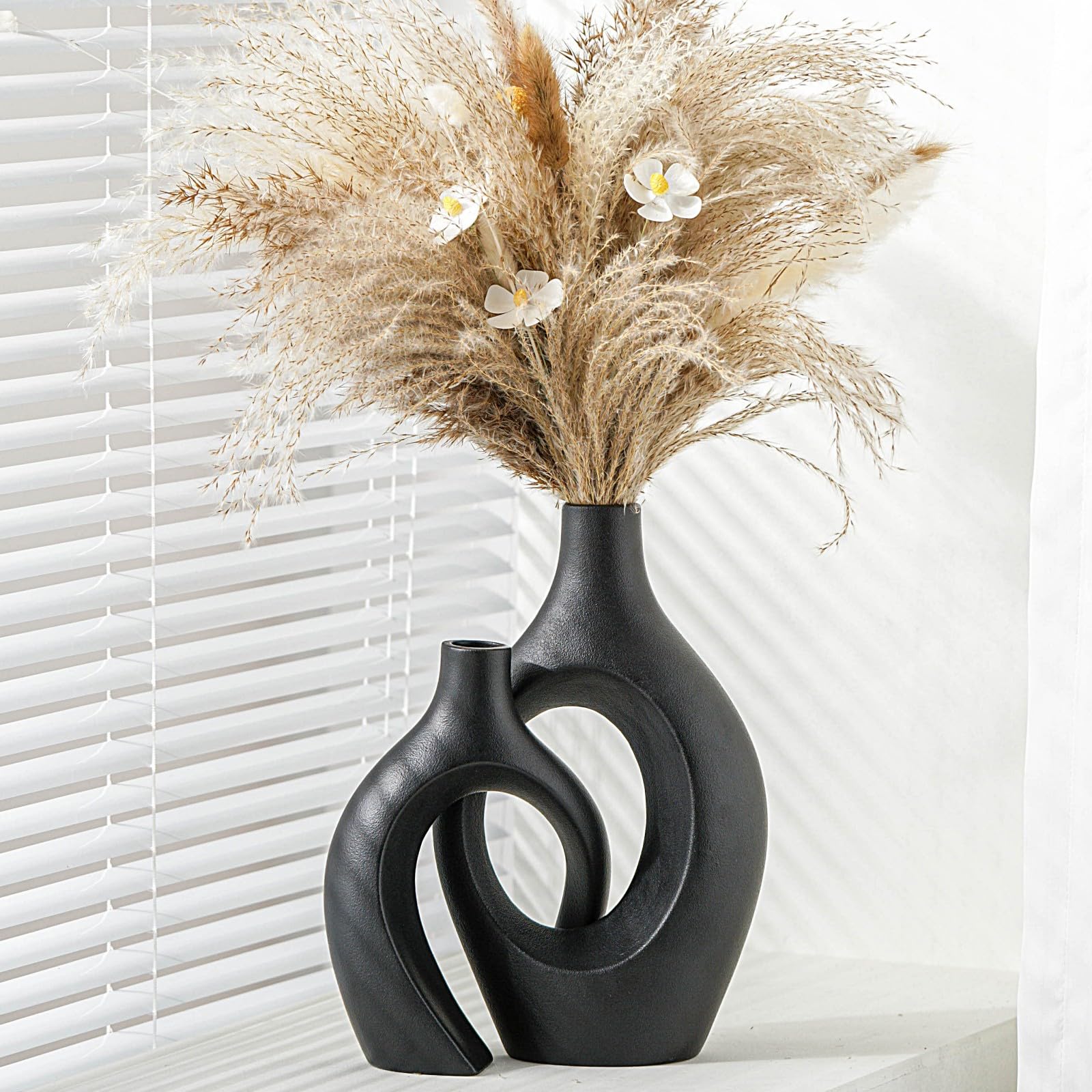 XL Black Ceramic Vase Set of 2 - Modern Home Decor, Boho Round Donut Pampas Grass Vases - 11.1