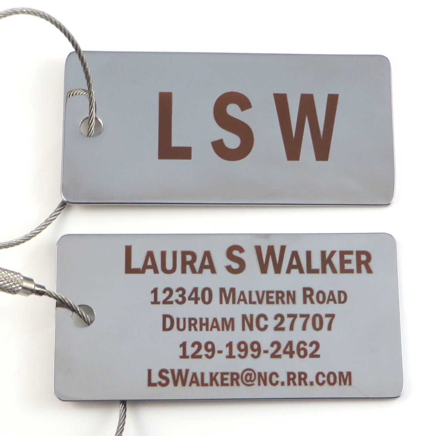Custom Silver or Gold Personalized Luggage Tags with Stainless Steel Cable Loop - Free Dark Laser Engraving for Travel Bags & Suitcases - Perfect for Airports, Business Trips & Vacation