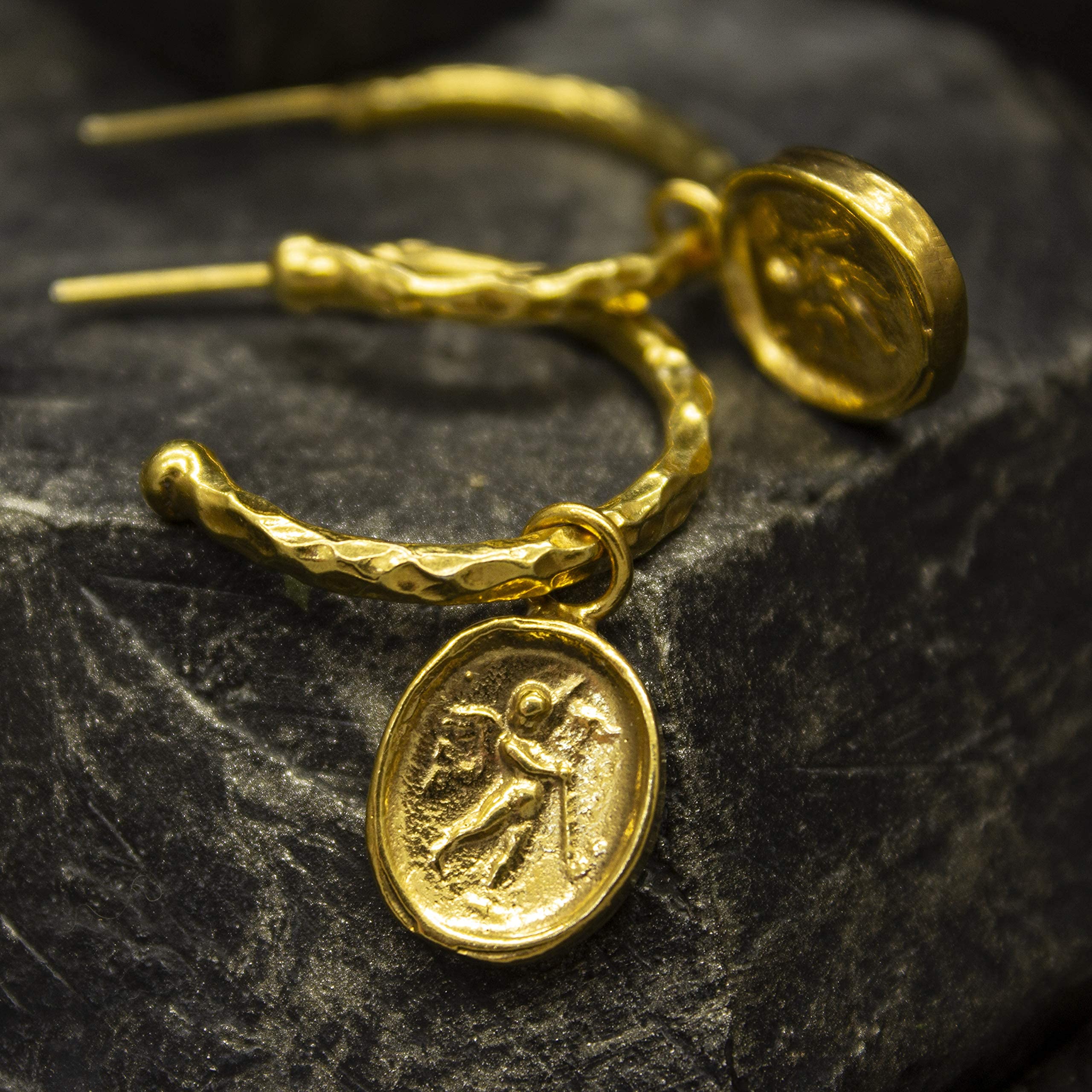 Guardian Angel Charm Hoop Earrings for Women - 24K Gold Plated 925 Sterling Silver Greek Signet Coin Jewelry - Roman Angel Wing Earrings by Pellada - Perfect Gift for Birthday, Christmas & Special Occasions