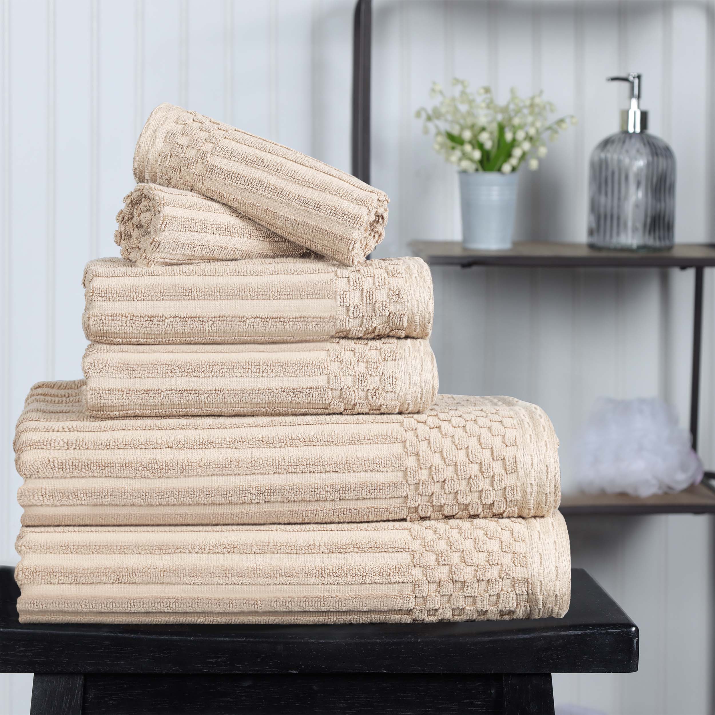 Premium 6-Piece Cotton Ribbed Textured Towel Set - Medium Weight, Soft & Absorbent Bath Towels for Spa, Gym, and Everyday Use