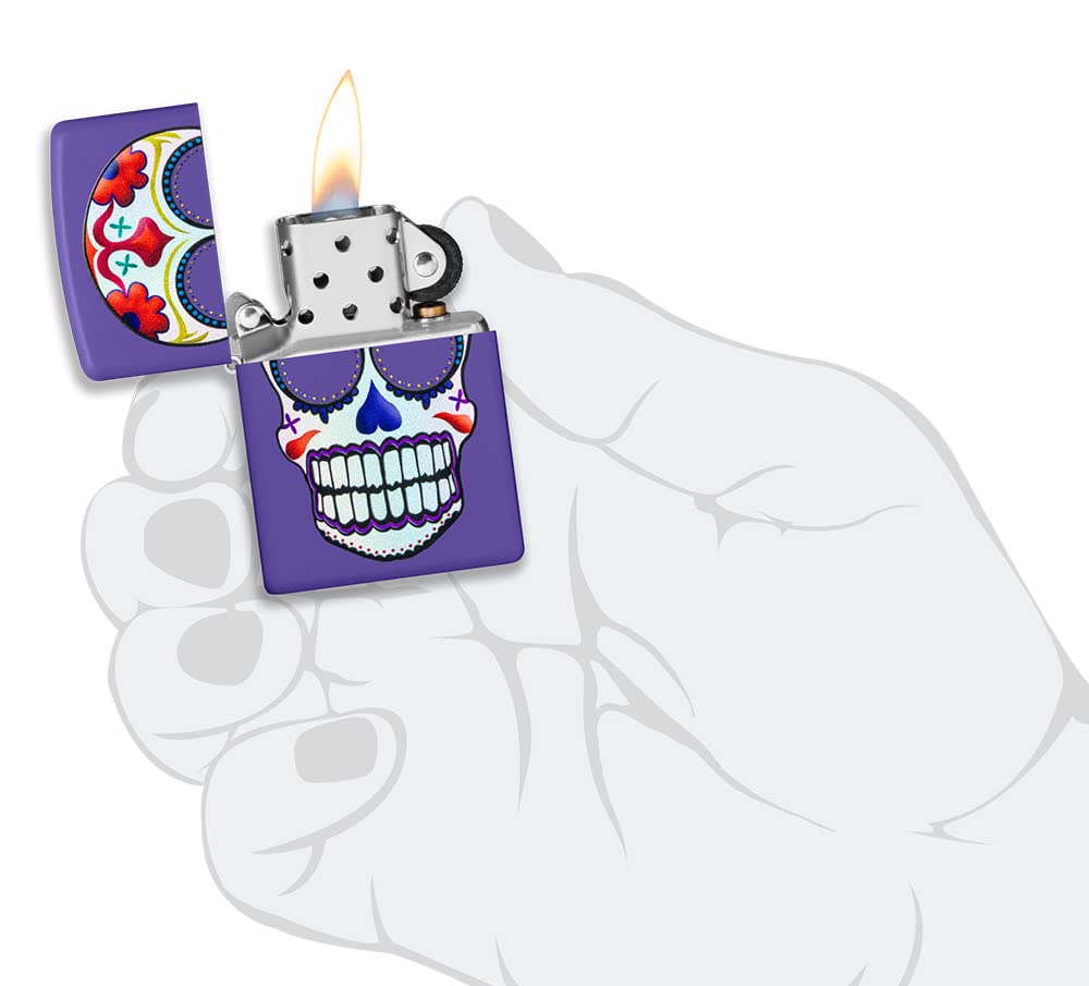 Zippo Purple Matte Pocket Lighter with Sugar Skull Design - Windproof Refillable Metal Lighter for Outdoor Camping, Hiking & Everyday Carry
