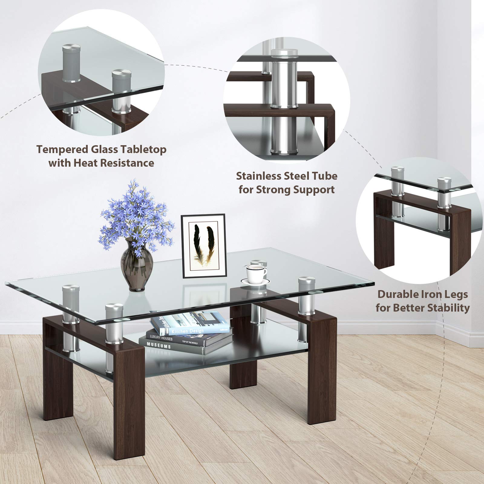 Tangkula Modern Rectangular Glass Coffee Table with Lower Shelf - Tempered Glass Top & Sturdy Metal Legs - Perfect for Living Room, Office, or Lounge (Coffee Table, Side Table)