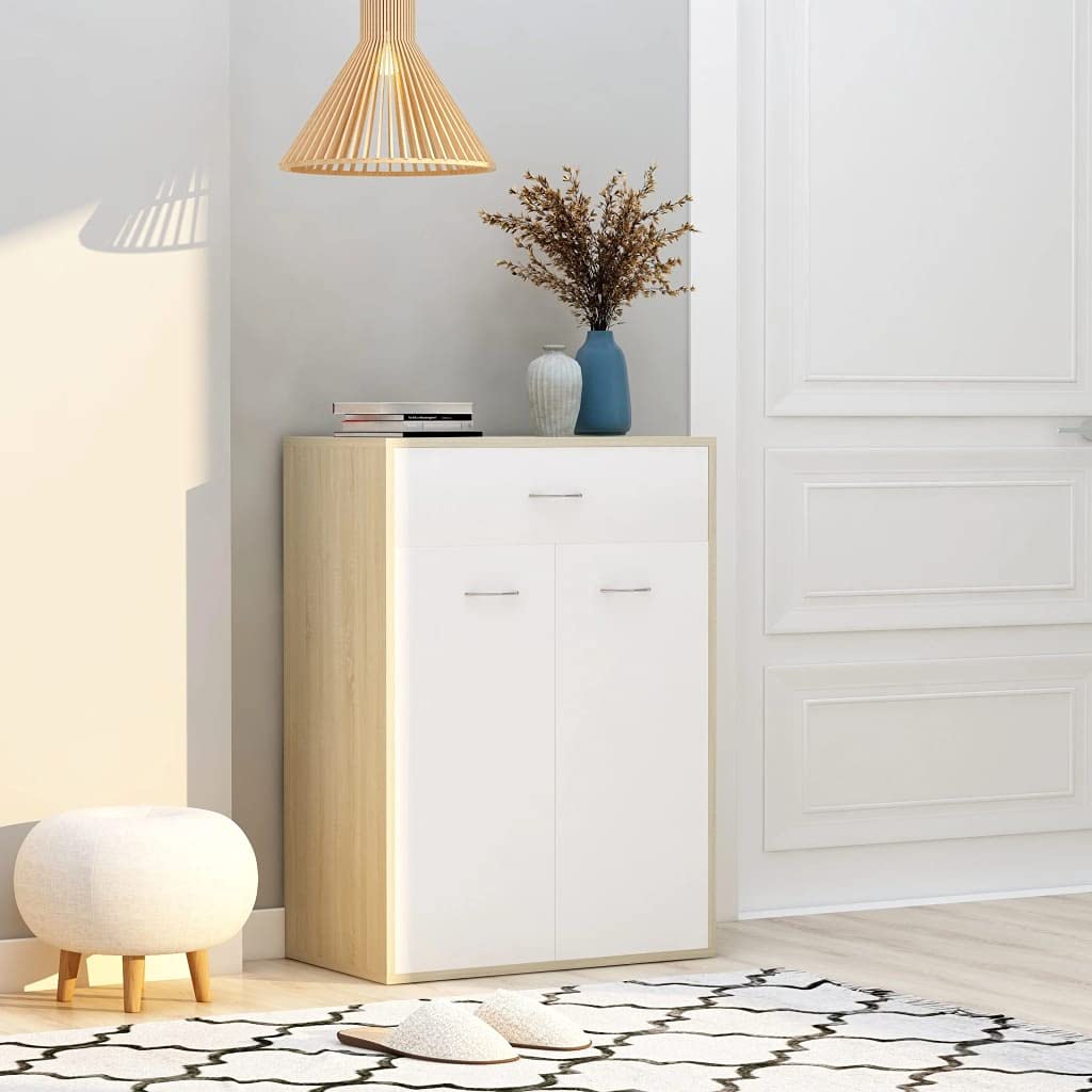 SOONHUA 4-Tier Shoe Storage Cabinet with Wooden Doors - White & Sonoma Oak, 23.6