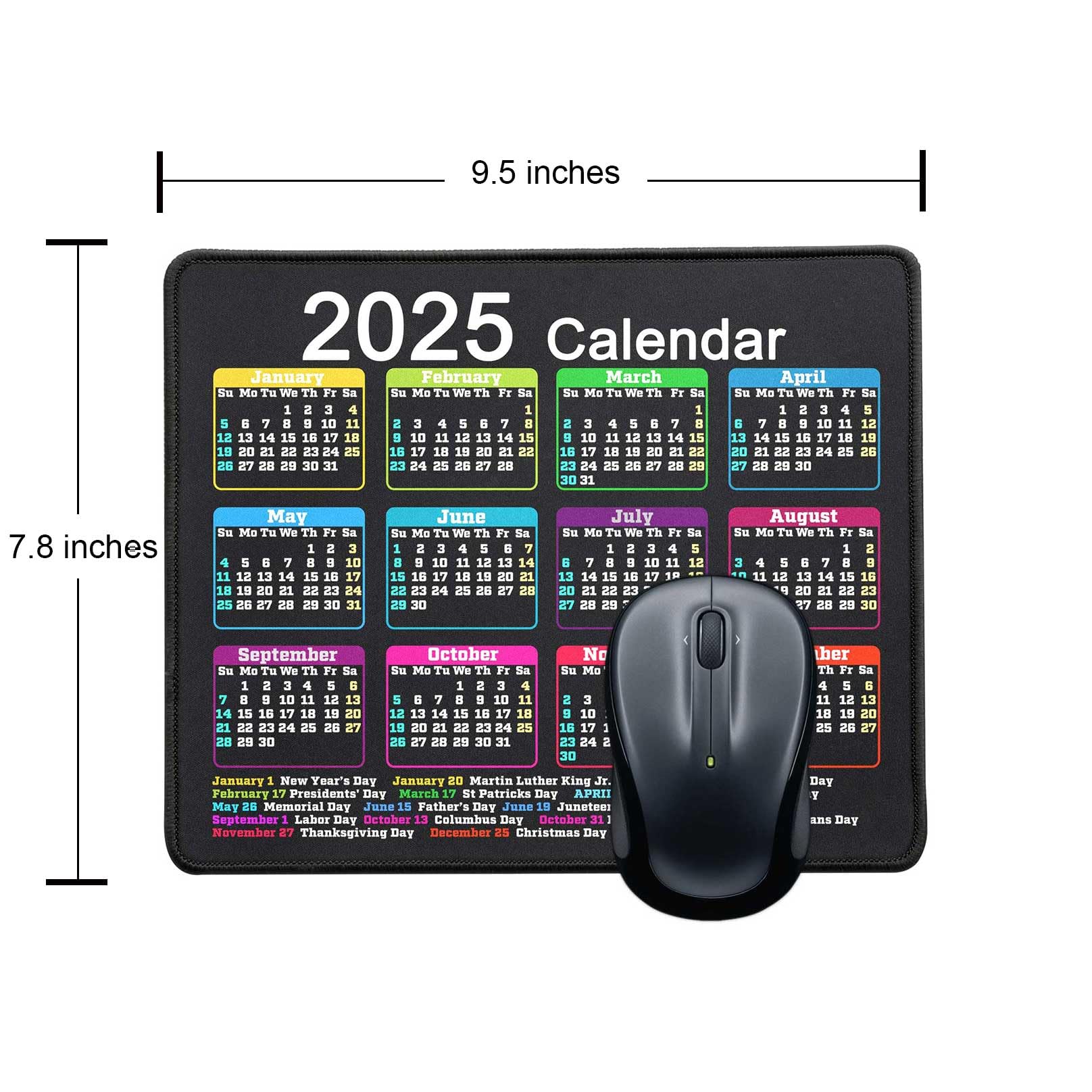 Non-Slip Rubber Base Mouse Pad - Waterproof Computer Mousepad with Stitched Edges for Gaming, Office & Home Use - 9.5 x 7.8 Inch (2025 Calendar Black) - Perfect for Desktops, Laptops & Workstations