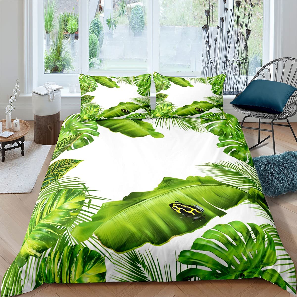 Cute Frog Duvet Cover Set Twin Size - Tropical Leaf Bedding for Kids & Teens - Boys Girls Room Decor - Rainforest Theme Comforter Cover with 1 Pillowcase - Perfect for Jungle Themed Bedrooms & Nursery Decor