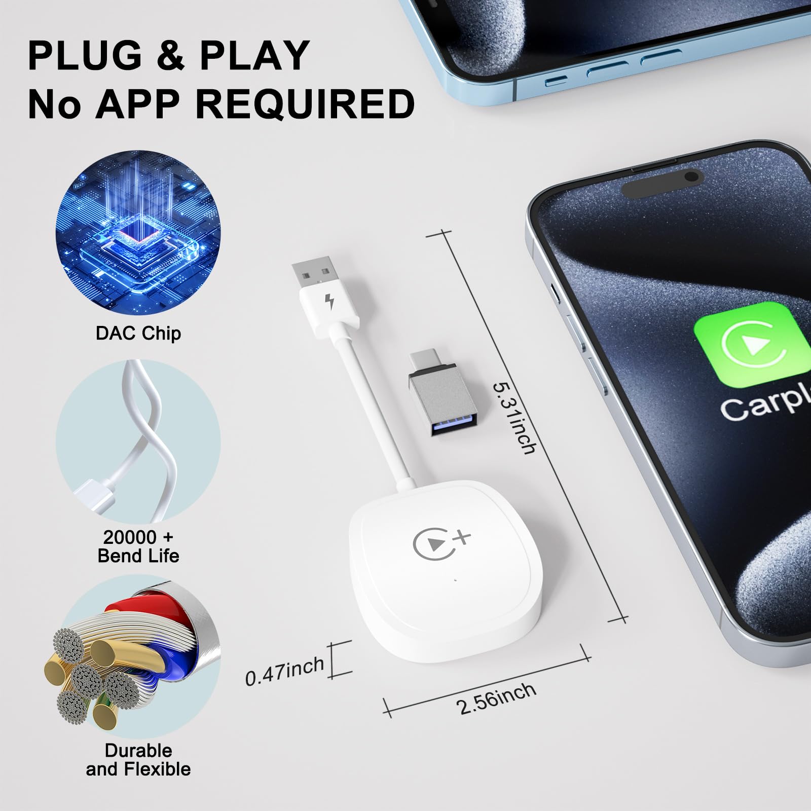 Wireless CarPlay Adapter for iPhone - Seamless Auto Connect, Zero Delay, Compatible with All OEM Wired CarPlay Cars (White) | Enjoy YouTube, Netflix & TikTok on Your Car Screen for Safer Driving & Entertainment