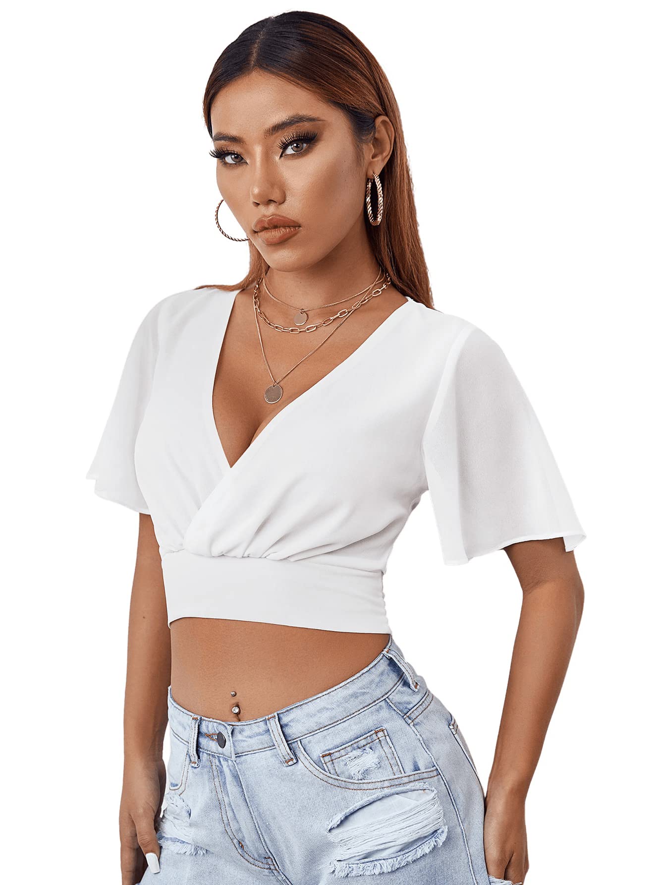 SheIn Women's Casual Wrap V-Neck Blouse - Short Sleeve Shirred Crop Top for Summer Outfits, Beach Wear & Date Night