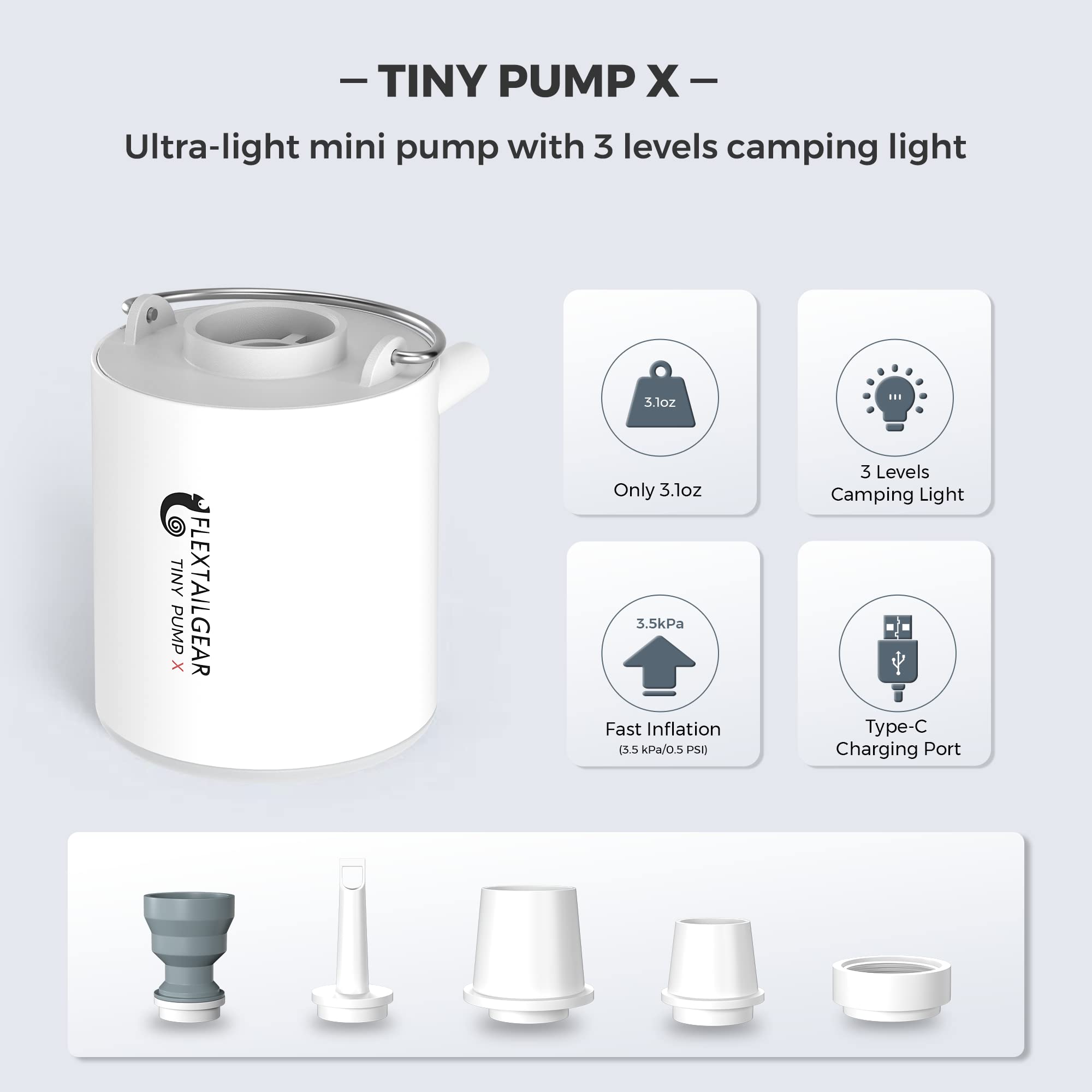 FLEXTAILGEAR Tiny Pump X - Portable USB Rechargeable Air Pump with 1300mAh Battery & Built-in Camping Light | Ultra-Compact for Inflating Sleeping Pads, Air Mattresses, Pool Floats, Swimming Rings | Perfect for Camping, Travel, Beach & Outdoor Adventures (White)