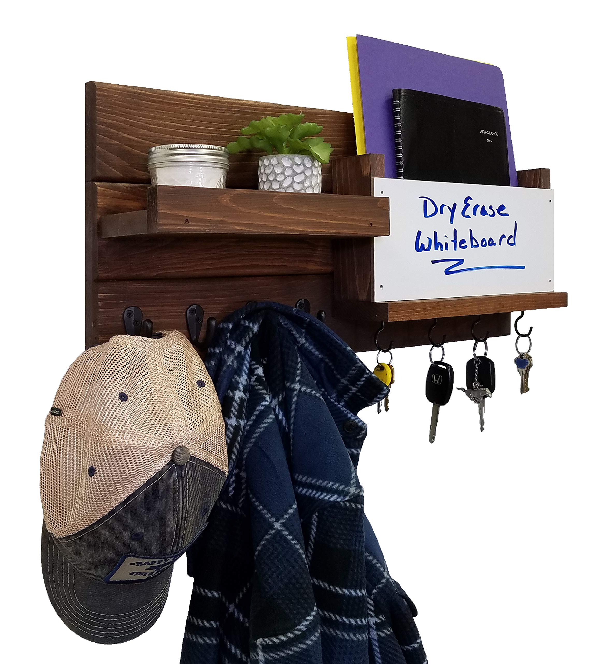 Farmhouse Style Dry Erase Whiteboard with Hooks - Wall Mounted Mail Organizer, Key Holder & Entryway Storage - Handmade in USA (20 Color Options, Special Walnut Shown) - Perfect for Home Office, Kitchen Command Center & Mudroom Organization