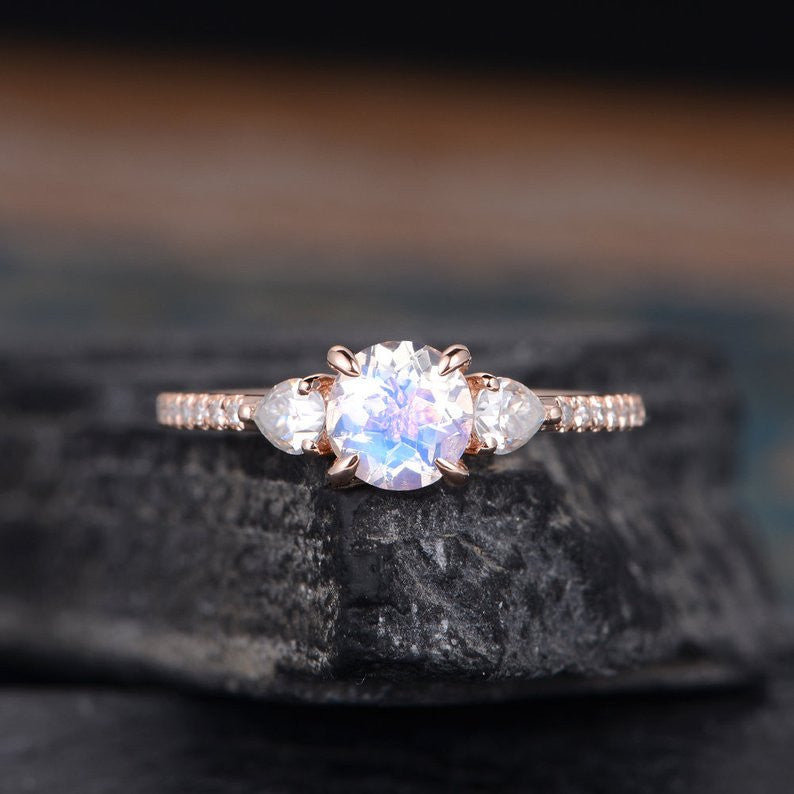 Rose Gold Moonstone Engagement Ring with Pear Moissanite - June Birthstone for Women - Perfect for Weddings, Anniversaries & Special Occasions