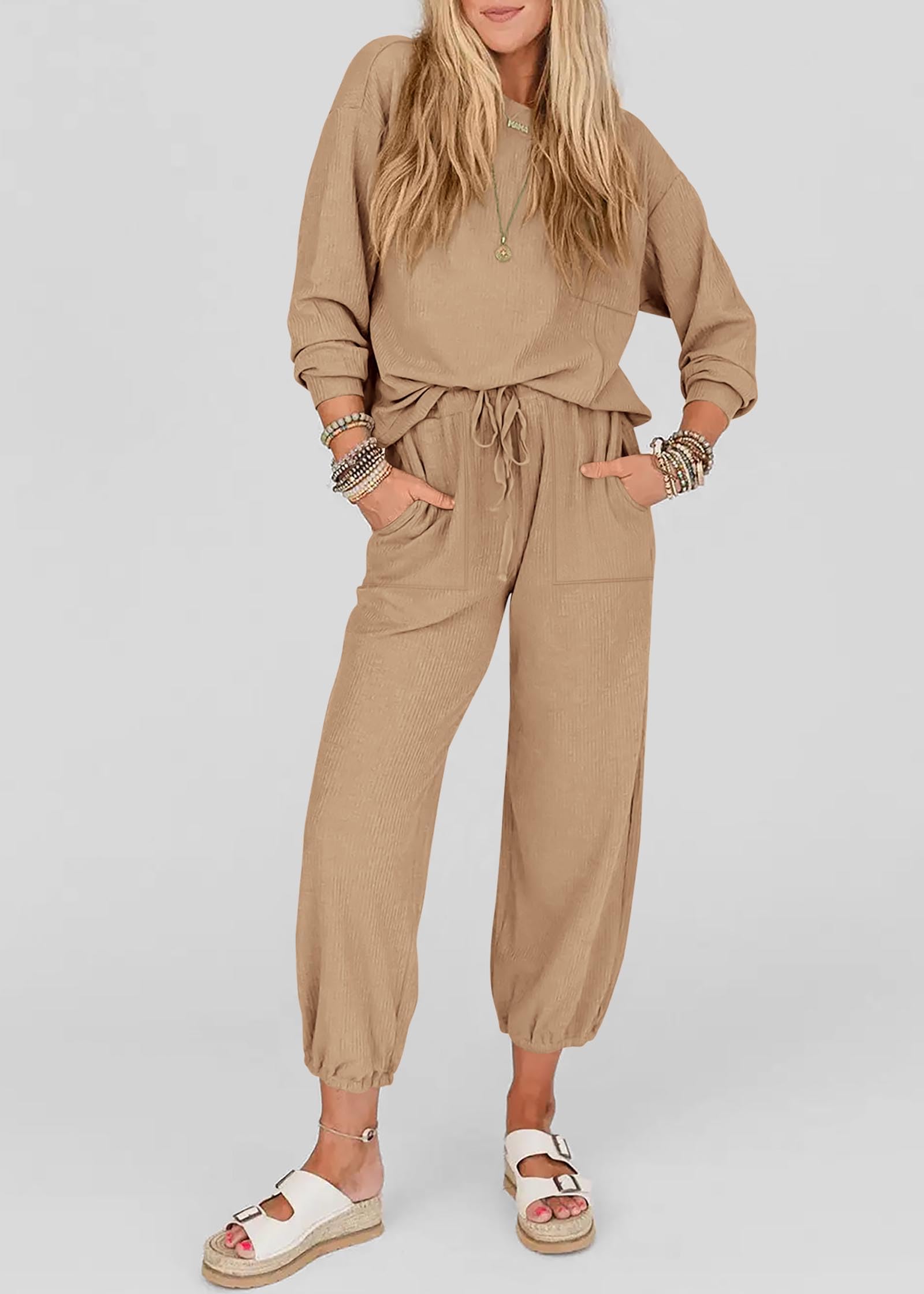 KIRUNDO Women's Lightweight Lounge Set - Comfortable Travel & Airport Outfit with Drawstring Pants & Tops - Perfect for Maternity, Postpartum & Casual Wear