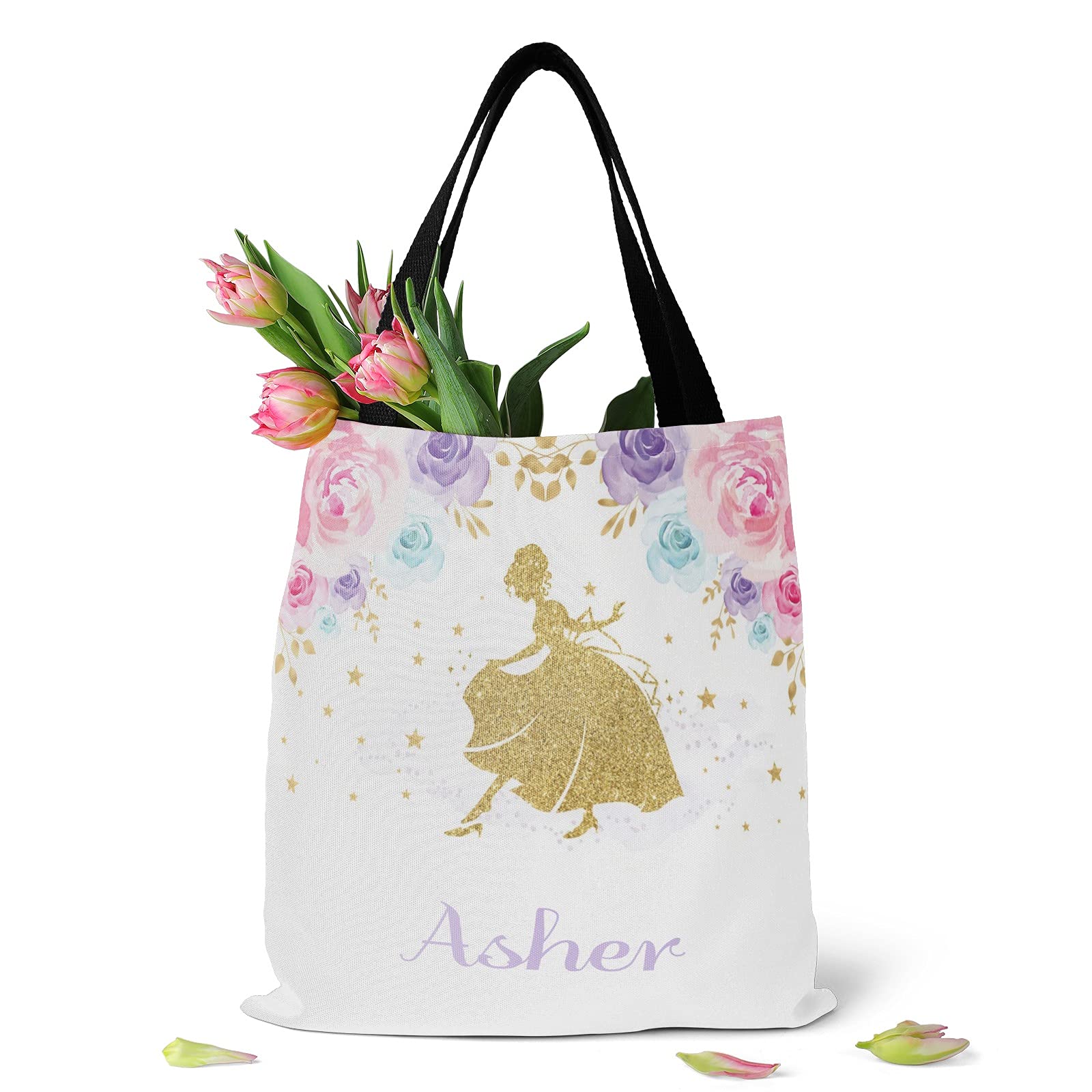 Personalized Princess Floral Canvas Tote Bags for Kids - Reusable Shopping Bags, Travel & School Handbags (Perfect Gift for Birthdays, Parties & Everyday Use)