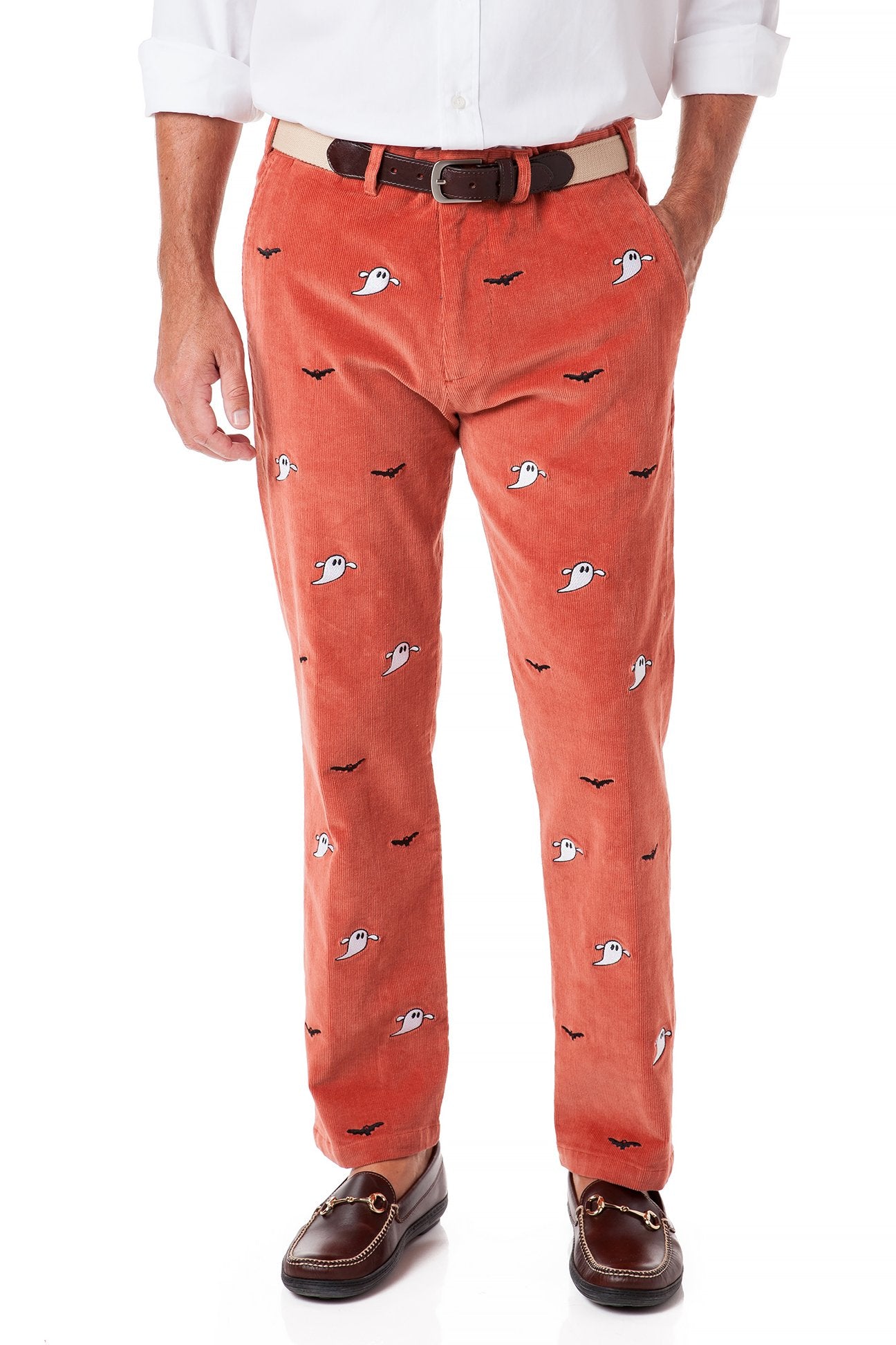Beachcomber Corduroy Pants for Men & Women - Nantucket Red with Ghost & Bat Print | Comfortable Casual Trousers for Fall & Winter | Perfect for Halloween, Beach Outings & Autumn Fashion