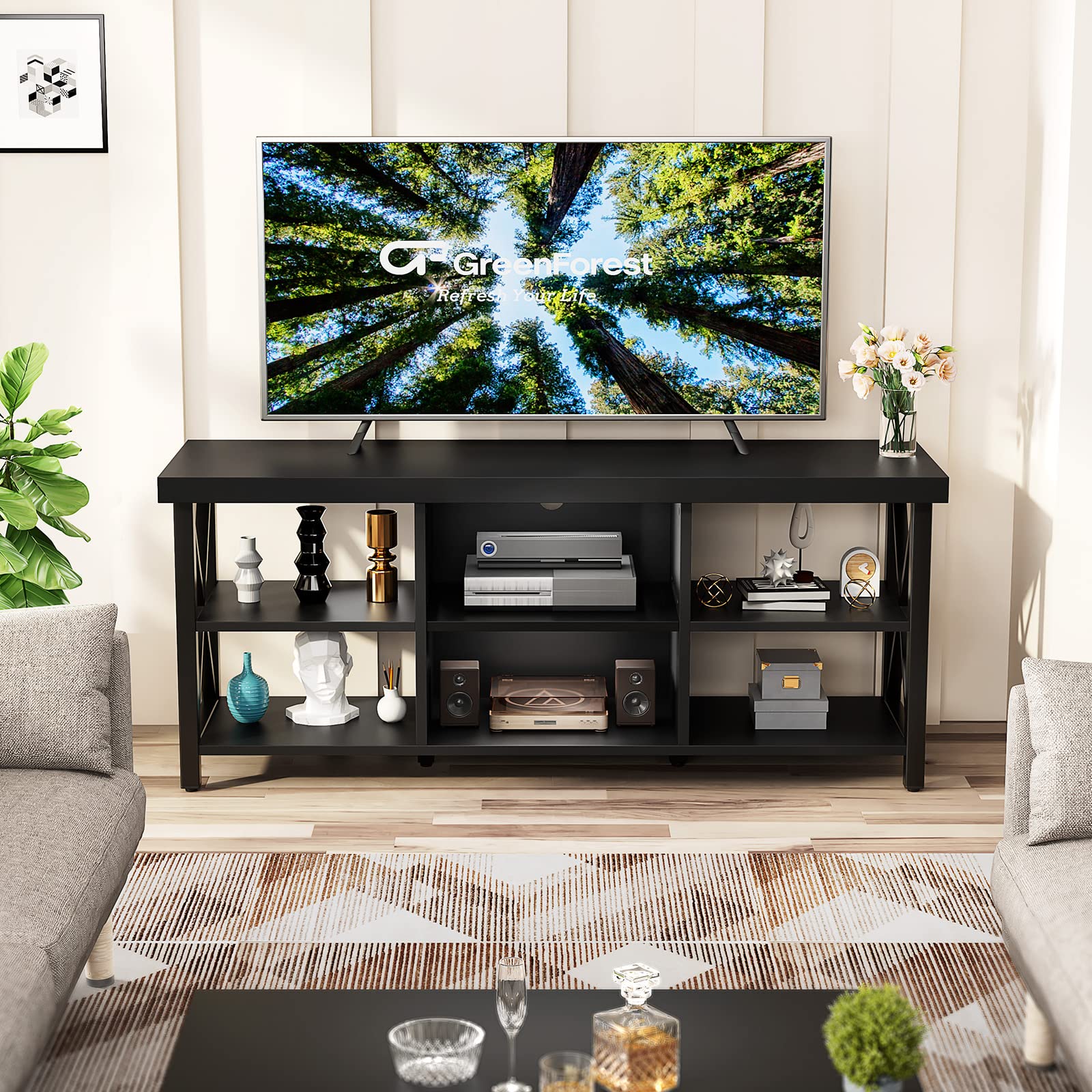GreenForest 65 Inch TV Stand with 6 Storage Cabinets - Industrial Farmhouse Entertainment Center for Living Room, Black | Perfect for Home Theater & Living Room Organization