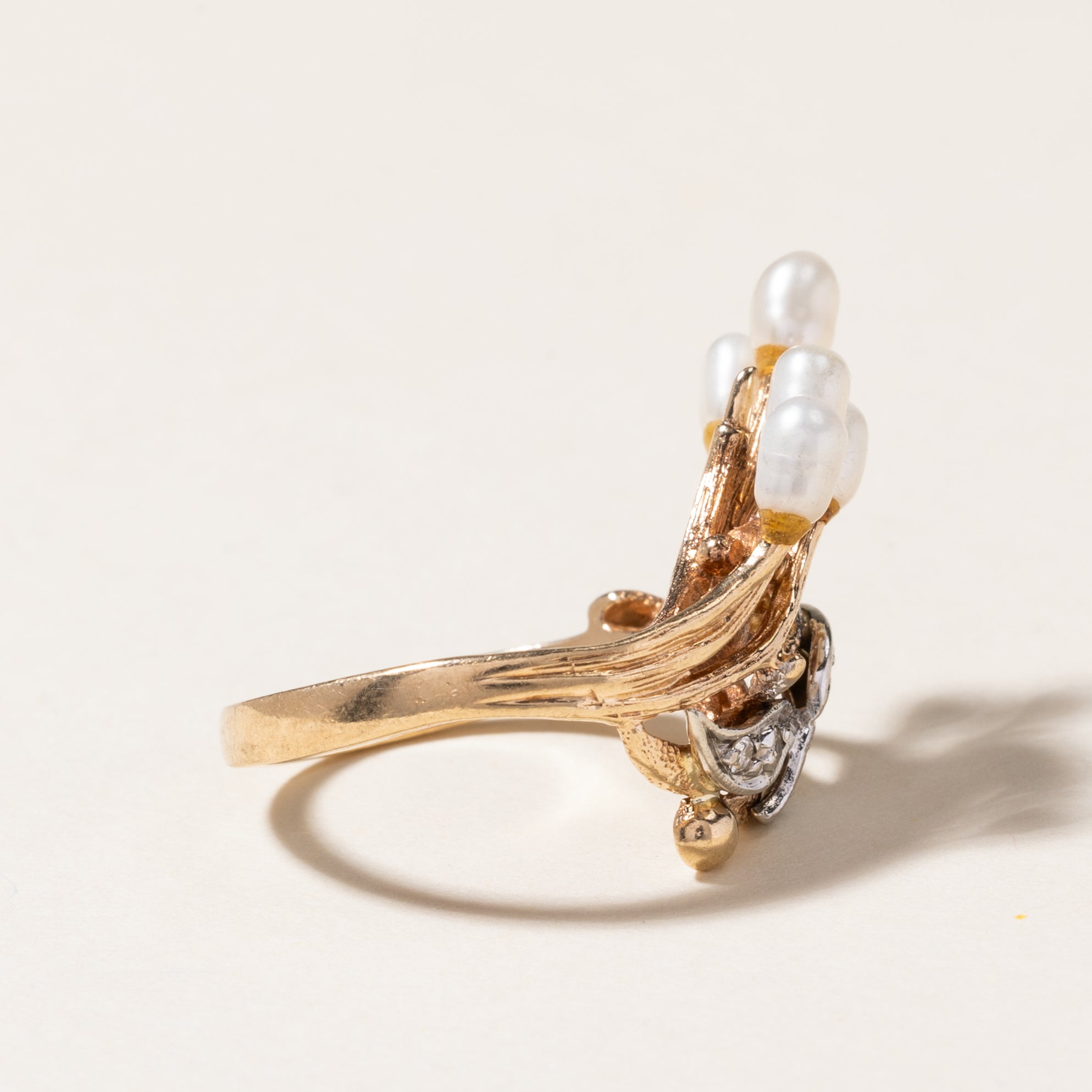 Elegant Pearl & Diamond Abstract Cocktail Ring | 3.00mm x 4.50mm, 0.03ctw | Size 4.75 | Perfect for Evening Parties, Weddings & Special Occasions