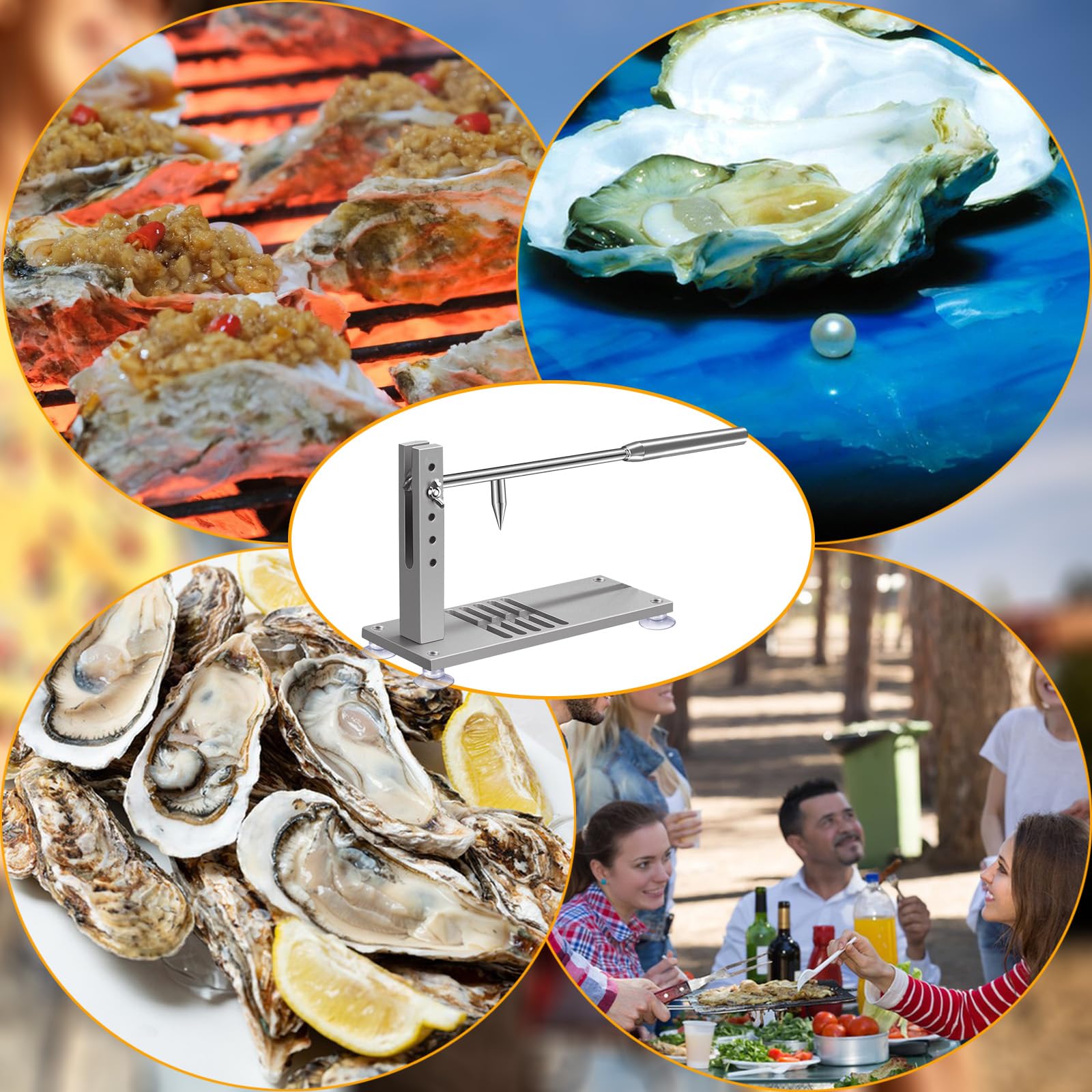 Premium Stainless Steel Oyster Shucker Tool Kit - Heavy Duty Clam Opener with Adjustable Blade, Non-Slip Suction Base, Protective Gloves & G-Clip - Perfect for Home Kitchen, Seafood Restaurants & Beachside Oyster Parties