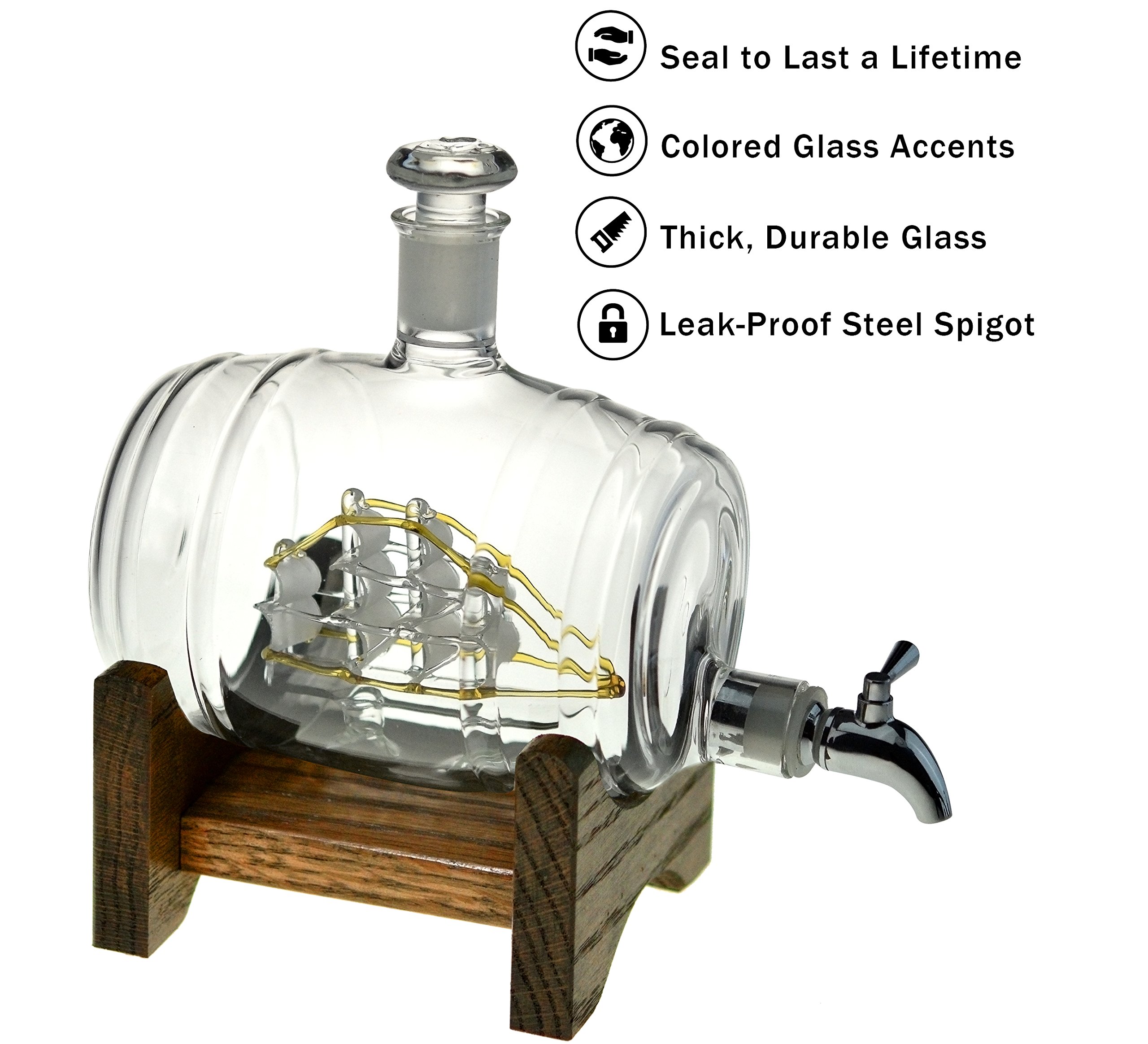 Bourbon Barrel Whiskey Decanter with Ship Design - 1000ml Glass Liquor Dispenser - Nautical Decor & Unique Gift for Men, Women, Whiskey Lovers - Perfect for Home Bar, Retirement Gifts, Sailing & Boating Enthusiasts (Tomoka Gold)