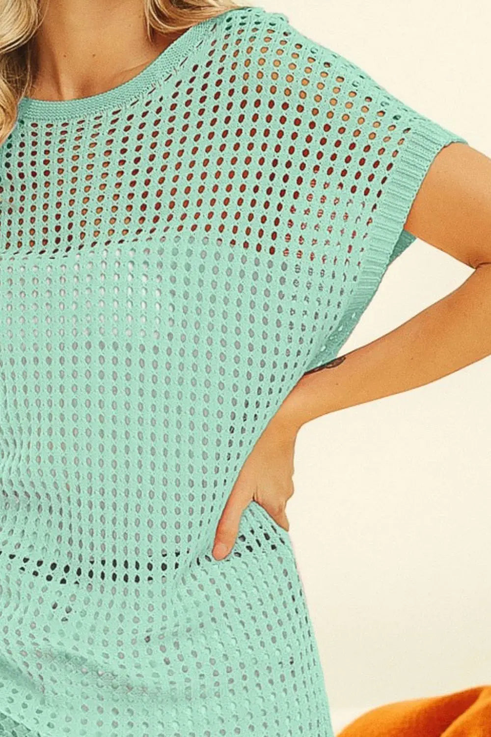BiBi Openwork Short Sleeve Knit Cover Up - Lightweight Beachwear for Women, Perfect for Poolside, Vacation and Summer Outfits